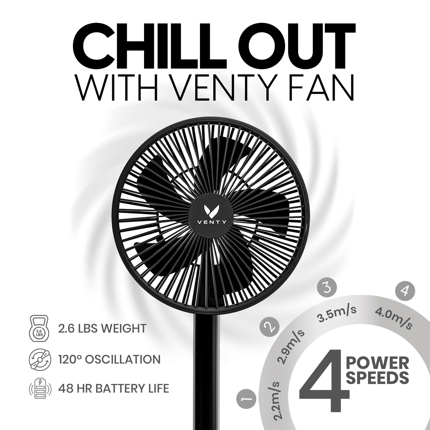 VENTY Portable Fan - Wireless Battery Operated Fan - 4 Speeds - LED Lighting - Carry Case & Remote