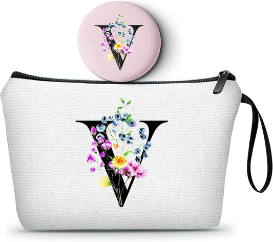 Mom Birthday Thank You Appreciation Gifts for Women Aunt Teacher Coworkers Bride Bridesmaid Monogrammed Travel Makeup Cosmetic Bag with Mirror Valentines Mothers Day Christmas Graduation V