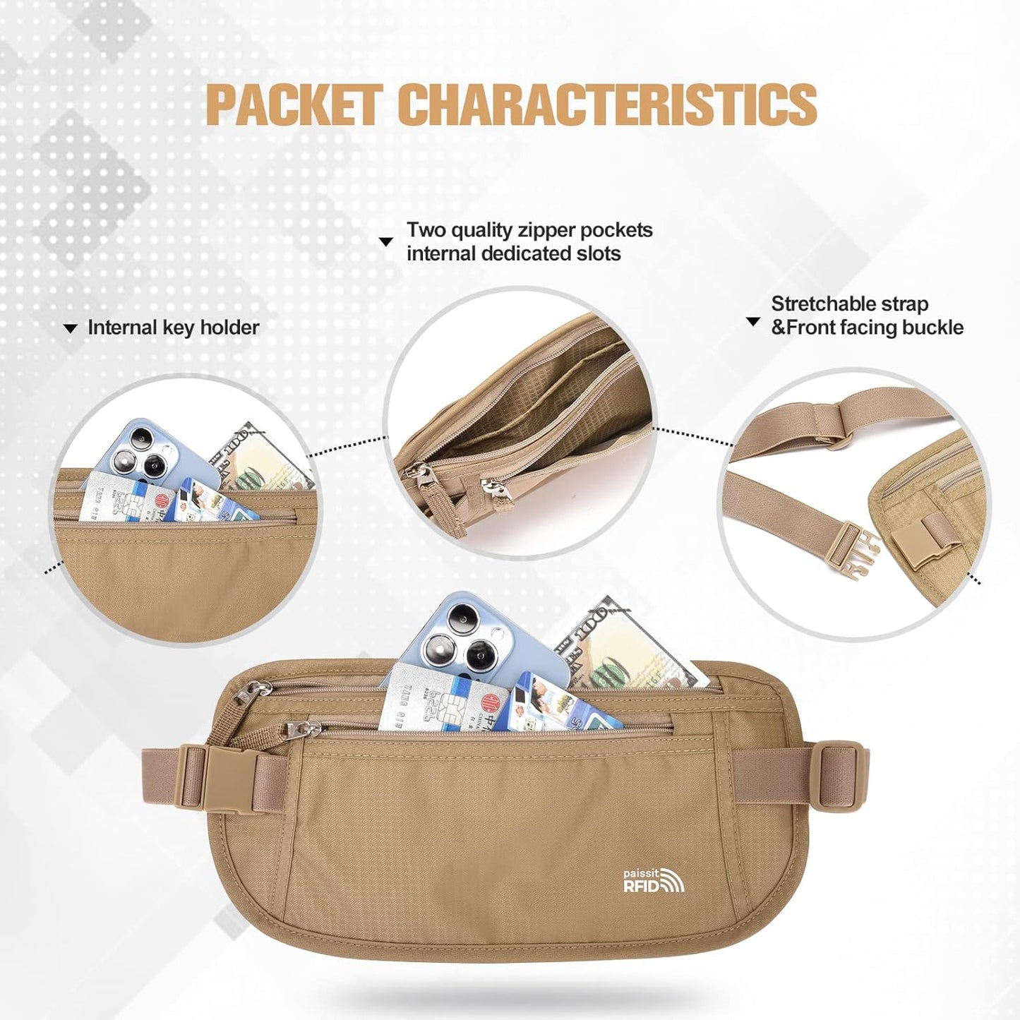 Unisex Money Belt For Men and Women, Slim Passport Holder RFID Blocking Travel Essentials Pouch with Adjustable Strap Small Waist Pouch for Workout Running Travelling Hiking, Beige & Light Grey