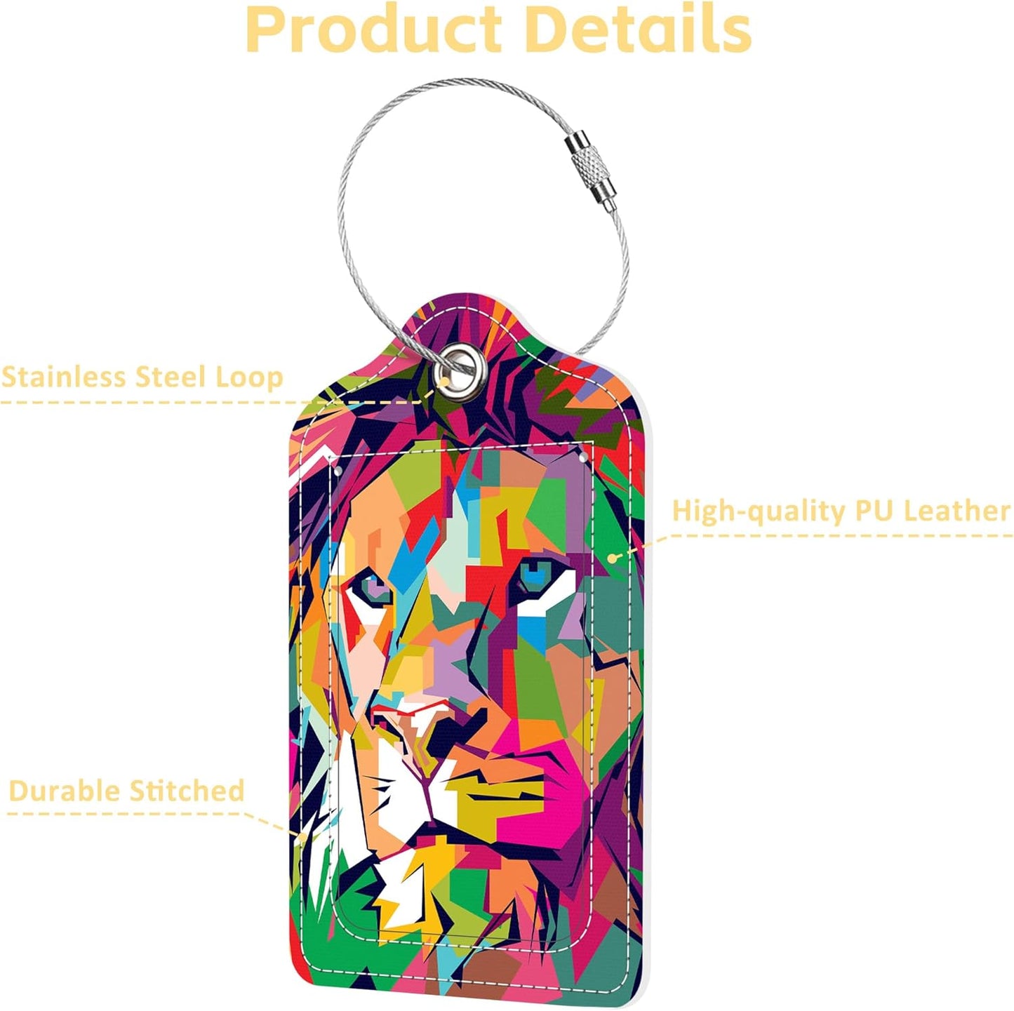 Luggage Tags for Suitcase Pop Art Lion 2 PCS Leather Travel Cruise Luggage Tag with Stainless Steel Loop Name ID Label Privacy Cover for Women Men Travel Bag Labels Set