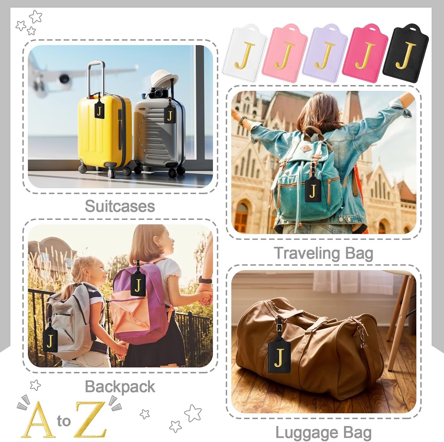 Personalized Initial Luggage Tags for Suitcases, Cute PU Leather Embroidered Letter Travel Luggage