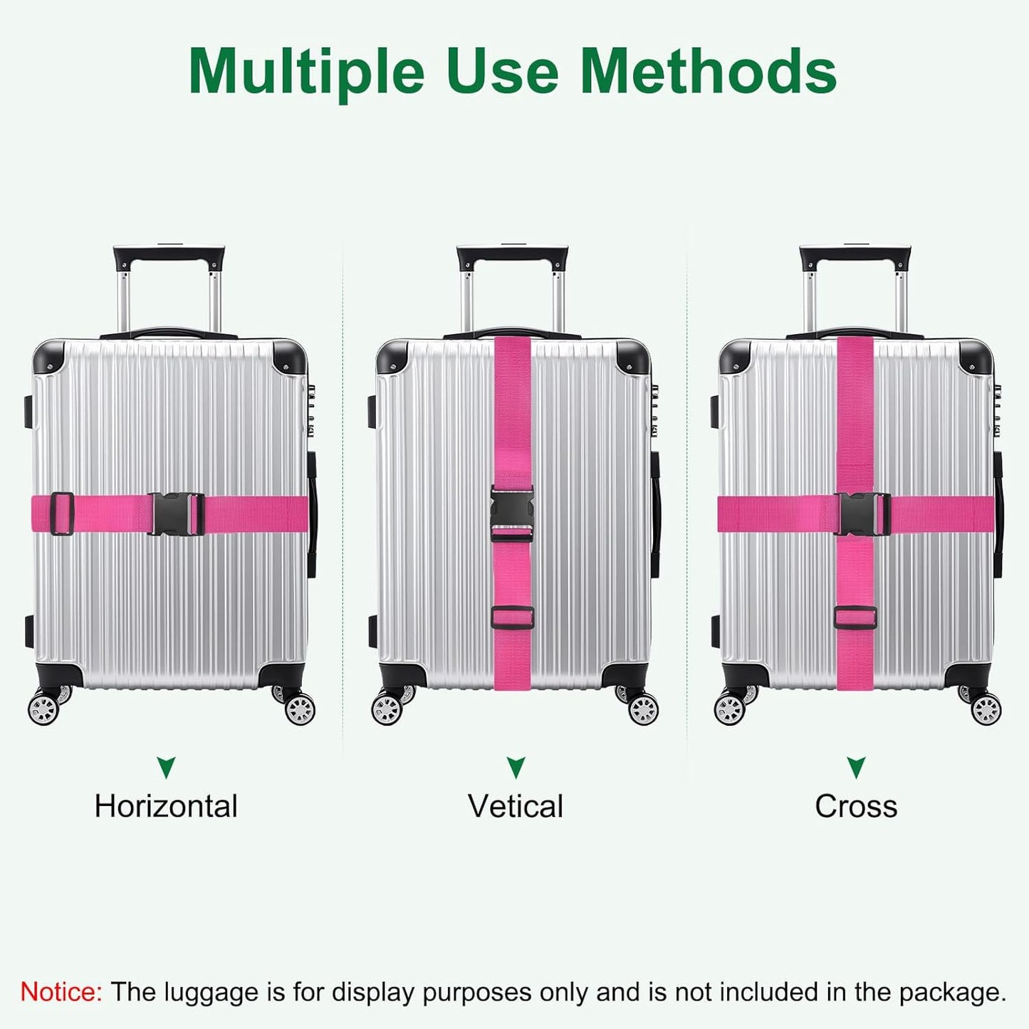 2-Sets Luggage Straps TSA Approved, Travel Straps for Luggage Suitcase Tags Set, Adjustable Suitcase Belt [Rose Red]