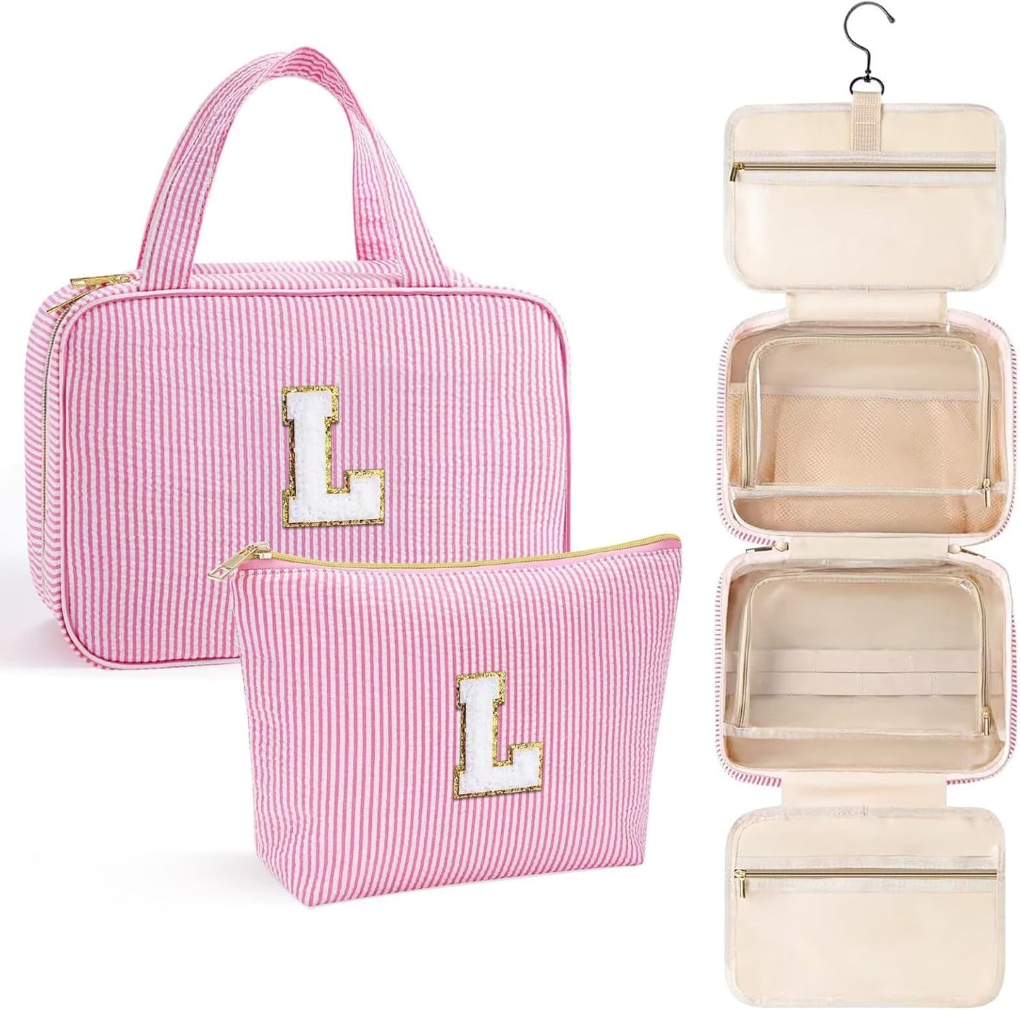 YOOLIFE Kids Toiletry Bag Initial Makeup Bag for Teen Girls - Birthday Gifts for 7 8 9 10 11 12 13 14 15 16 17 18 Year Old Girls, Teen Girl Gifts Trendy Stuff - Letter L, Pink