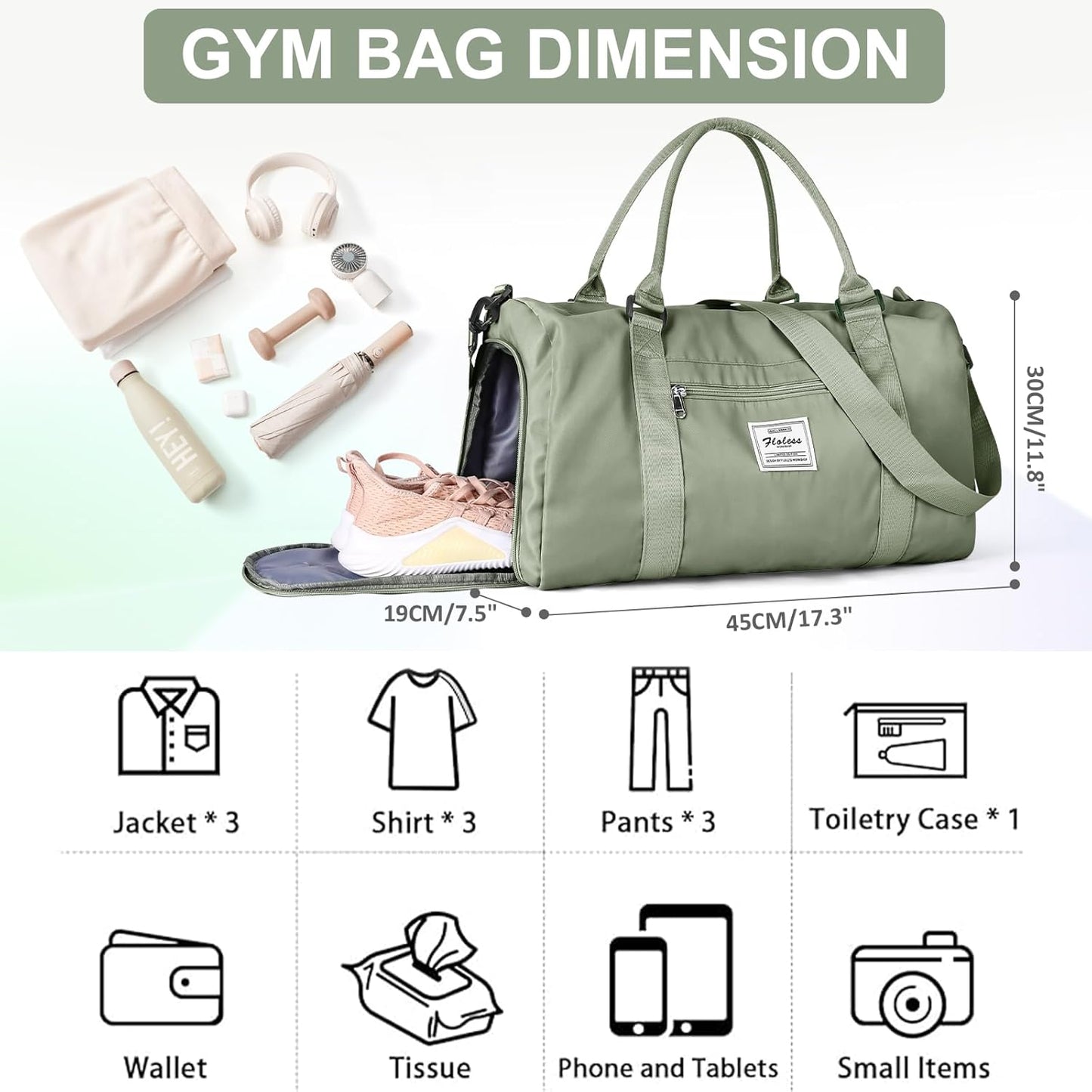 Gym Bag for Women with Shoes Compartment,Small Duffel Bag Sport bag with Toiletry Bag Overnight Travel Tote Bags Weekender Carry on Bag Personal Item Bags for Airlines Grey Green