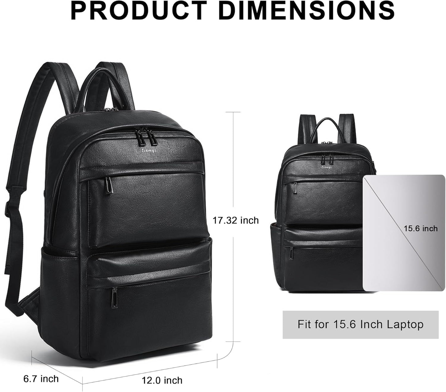 Leather Laptop Backpack for Women, Fits 15.6 Inch Laptop, Leather Backpack with 2 Water Bottle Pockets, Hidden Zipper and Luggage Strap, Ideal for Work, Travel, College, Everyday Use, Black