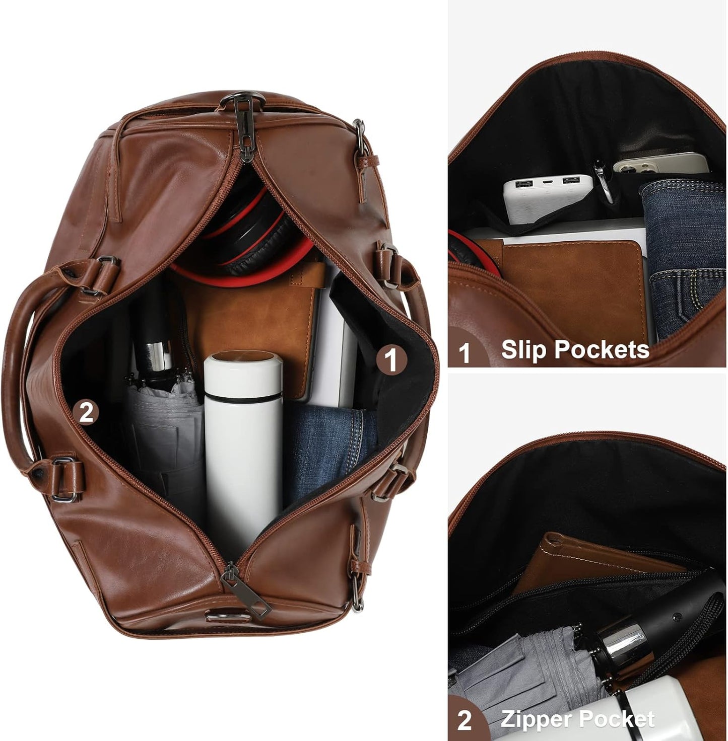 Vegan Leather Duffle Bag, LXY Travel Duffle Weekender Bag with Shoe Compartment, Duffel Overnight Gym Bags for Women Men Brown