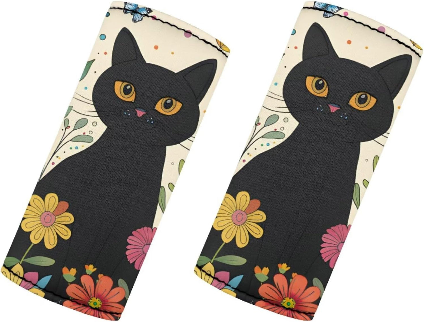 Cartoon Black Kitten Luggage Handle Protection Sleeve Cover Set of 2 Pcs,Neoprene Luggage Identifier for Suitcase Teens Adult Soft Trolley Case Grip Cover, Flower Door Handle Cover Set