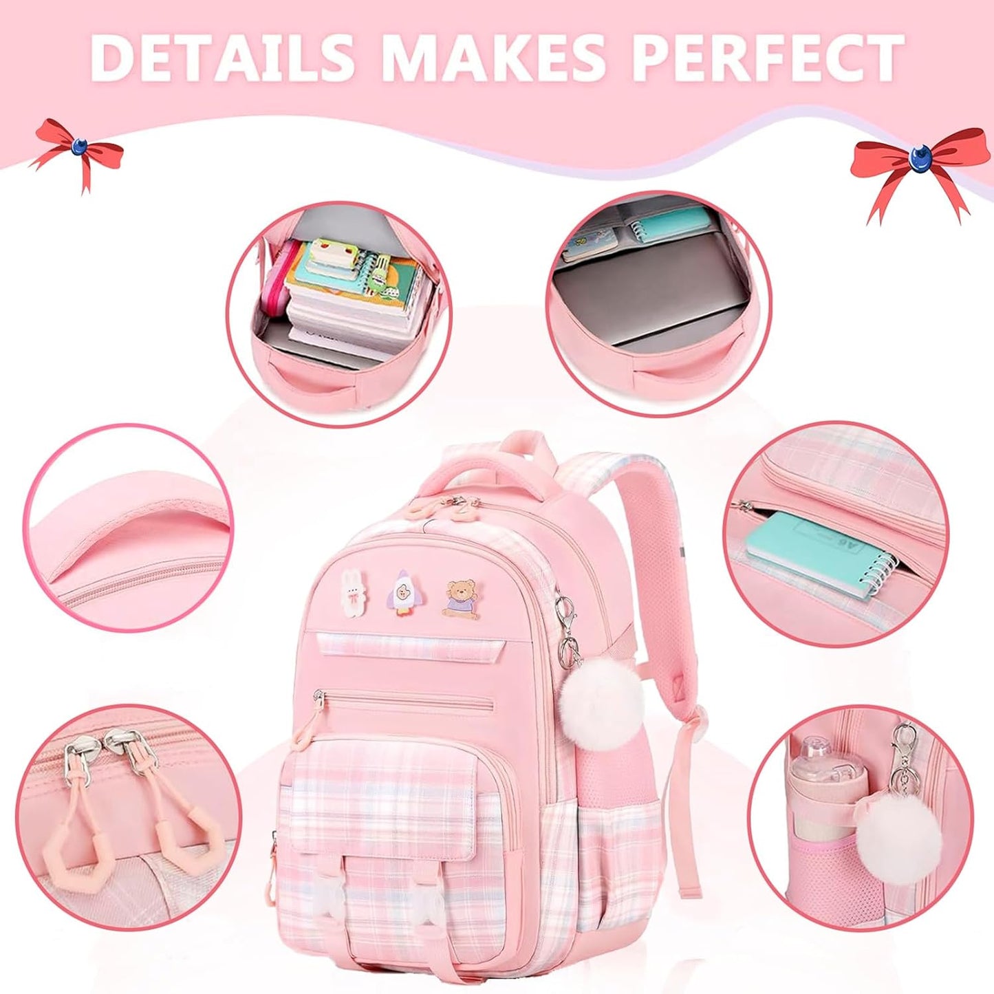 Cute Girls Backpack, 3PCS Cute Kids School Bag, 16.8 Inch Kindergarten Primary Backpack with Lunch Box Pencil Case Set（Pink）
