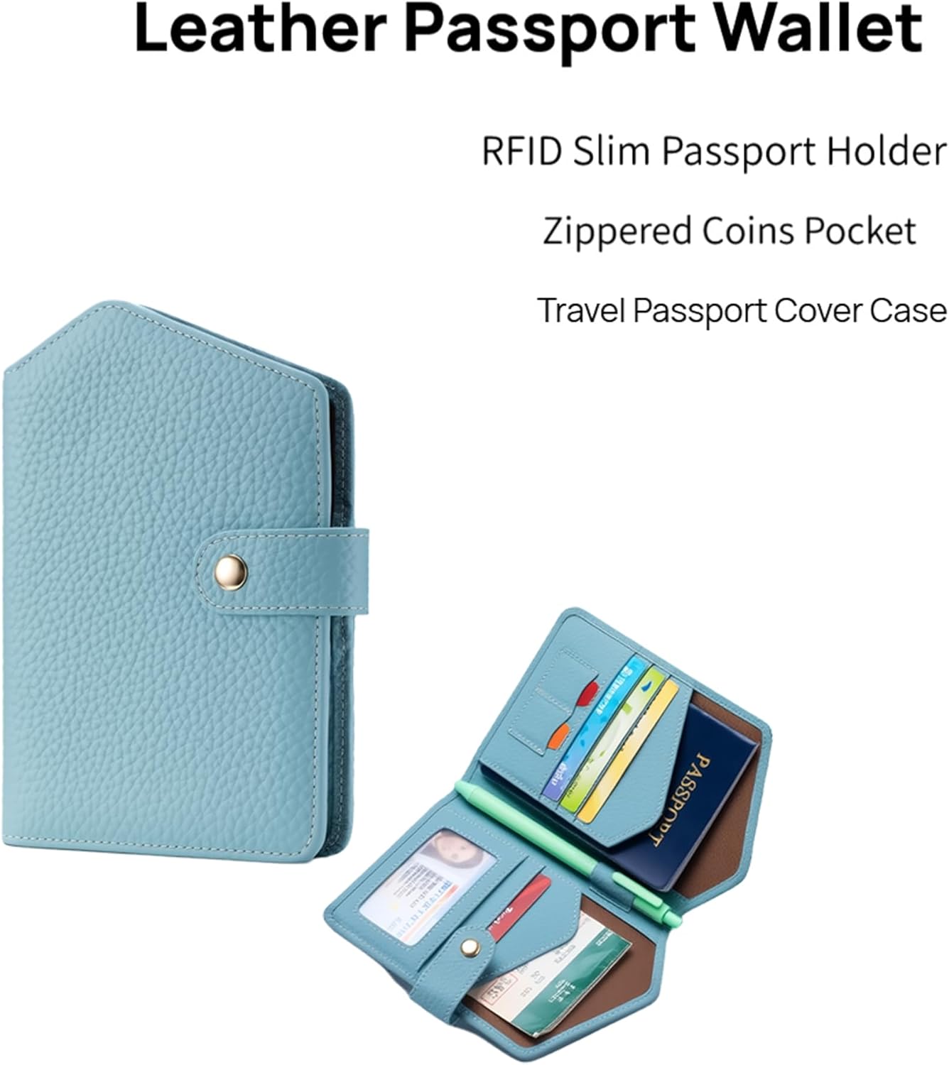 Cute RFID Passport Wallet for Women Leather Slim Passport Holder Travel Wallet Cover with Zipper Coin Purse, Credit Card, Sim and Tticket Slots (Blue)