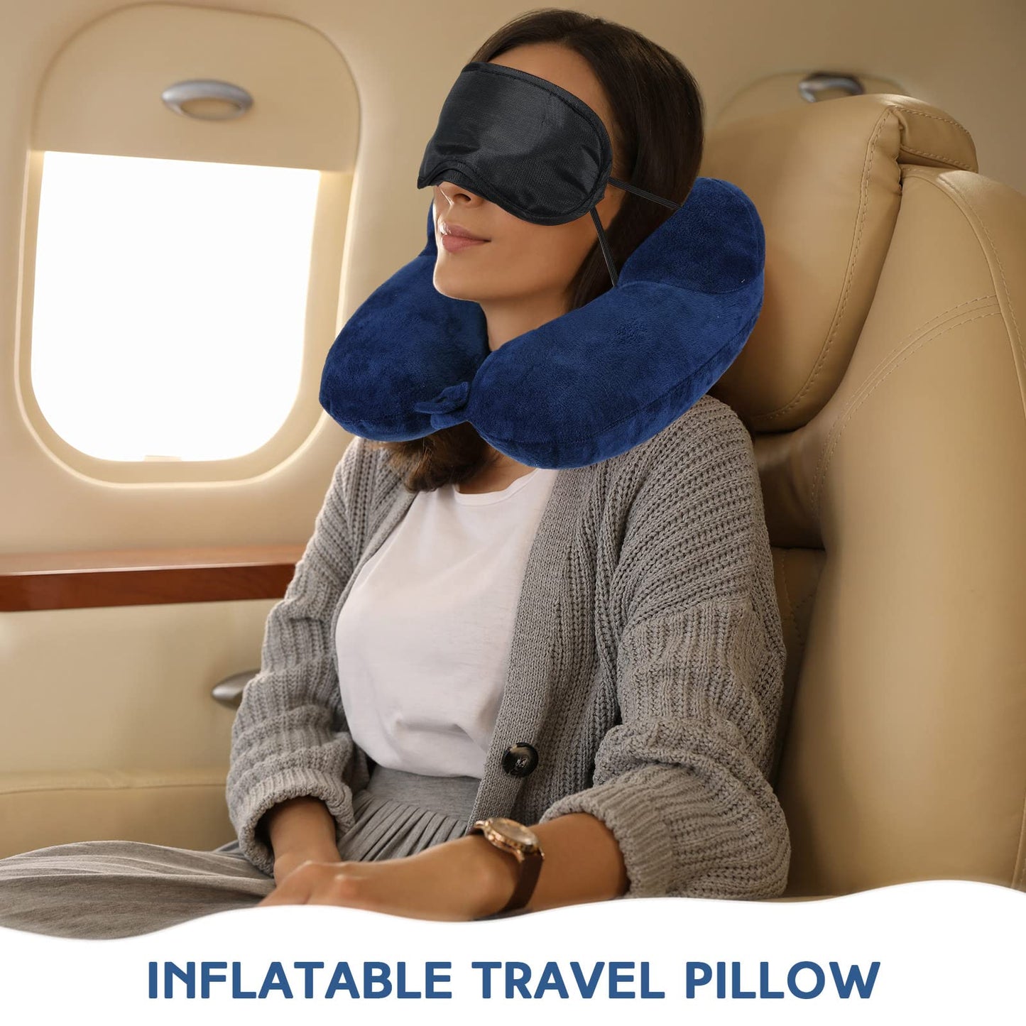Sintuff 2 Inflatable Neck Pillow Airplane Travel, Light Gray and Dark Blue