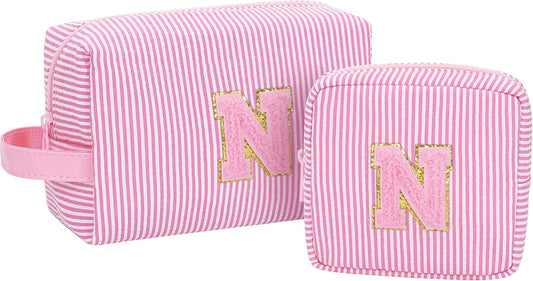 Initial Makeup Bag Cosmetic Bag Bridal Shower Gifts - Bridesmaid Bag,Bridesmaid Proposal Gifts for Wedding Day,Maid Matron of Honor Gift, Bride to be Gifts,Bachelorette Party Favors,2PCS,Pink N