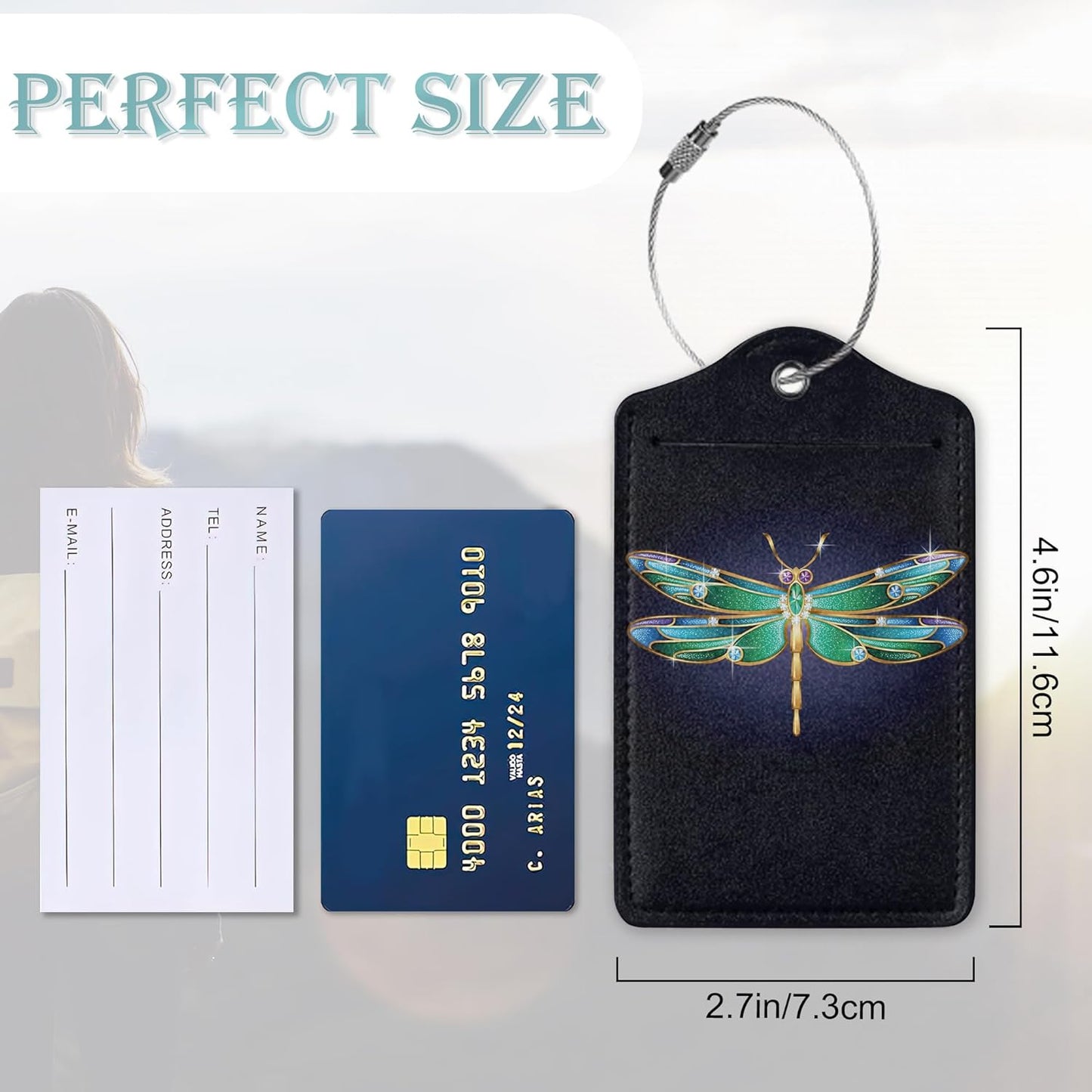Luggage Tags for Suitcase,2 Pack Jewel Dragonfly Glitter Luggage Tag PU Leather Privacy Cover ID Label with Stainless Steel Loop for Women Men Teens Travel