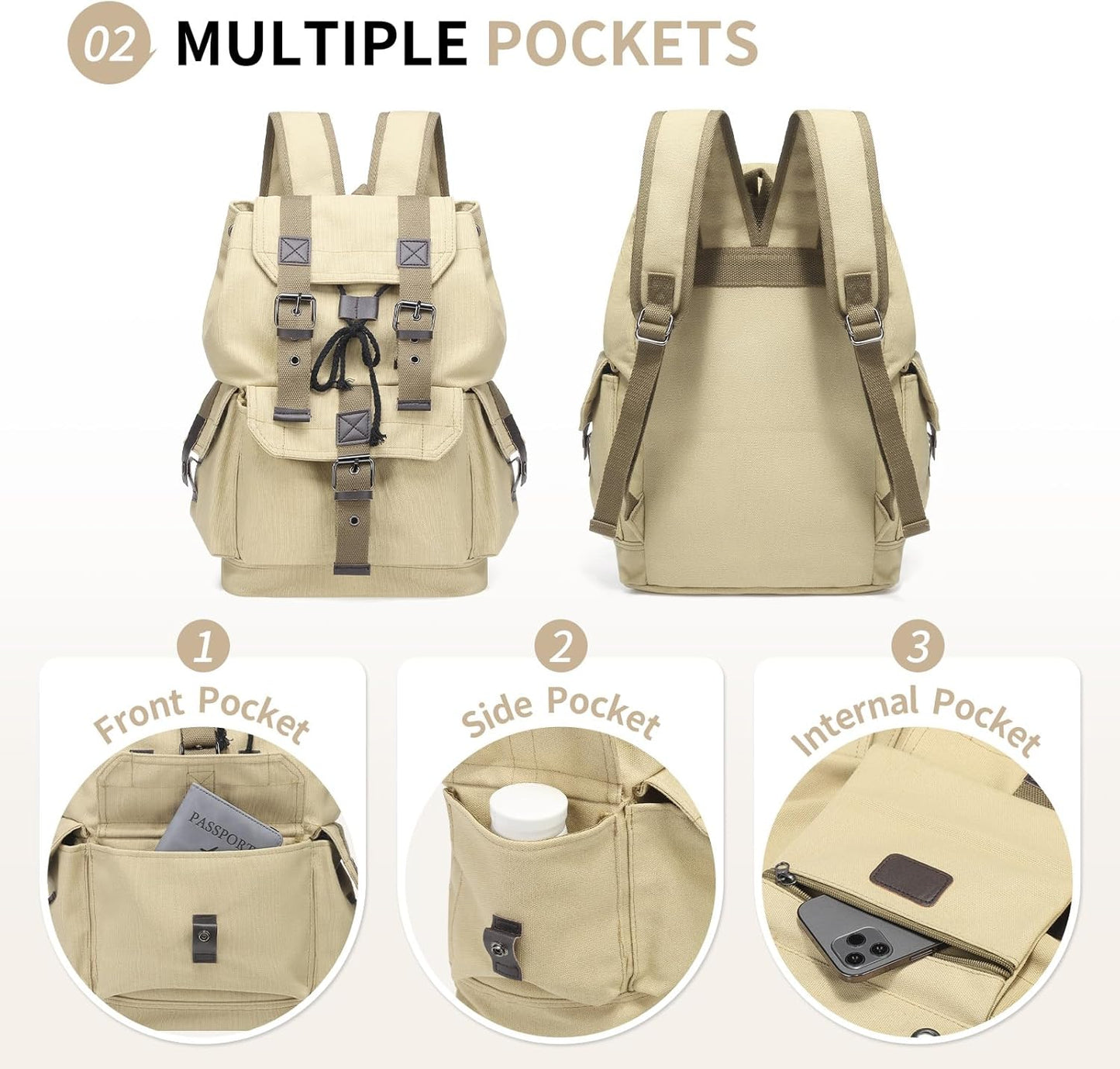 Vintage Canvas Backpack for Men Women, Durable Casual Daypack, Large Capacity Travel Rucksack Fits for Hiking and Daily Use (Khaki)