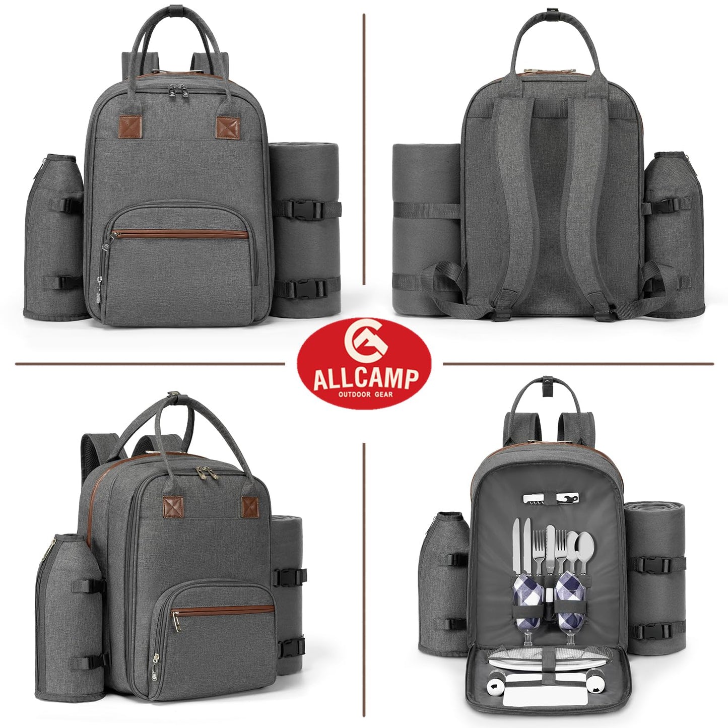 ALLCAMP Picnic Backpack, 2-Person Set with Blanket and Wine Holder, Gray