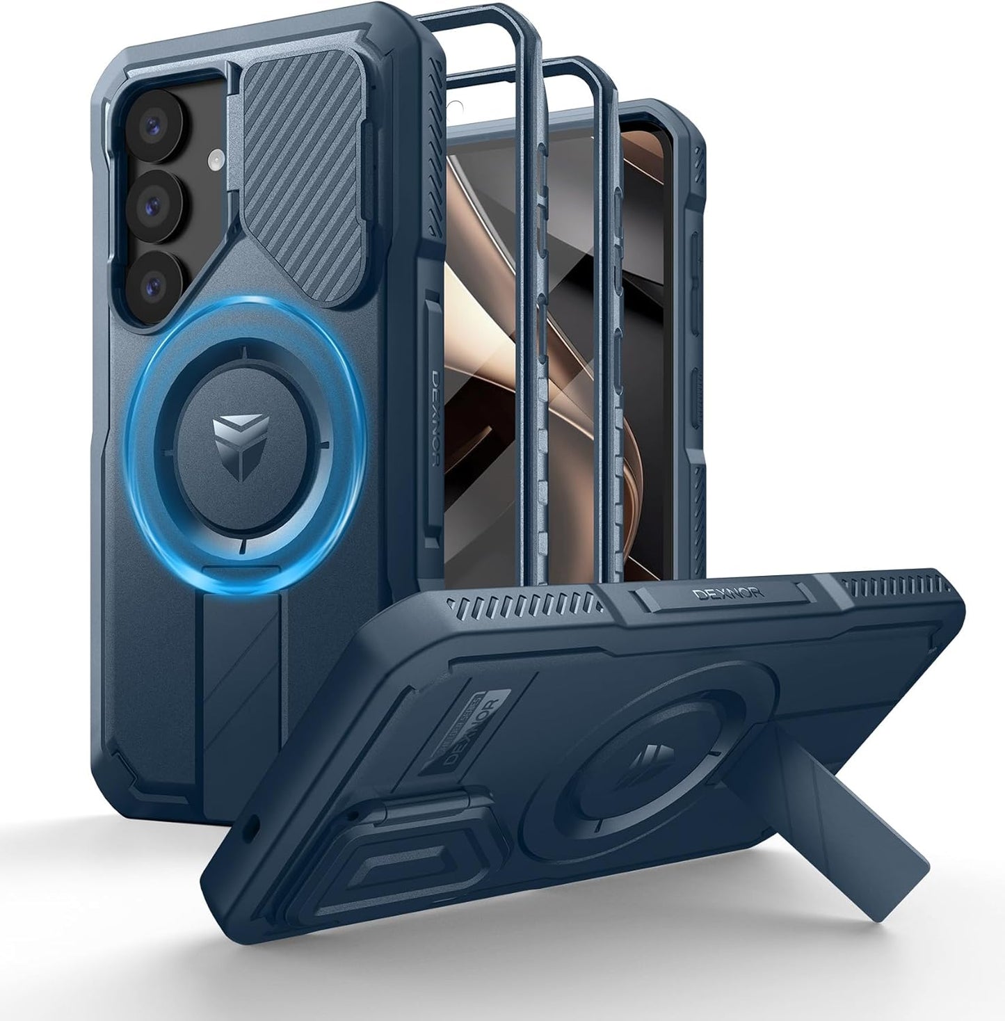 Dexnor for Samsung Galaxy S25 Case with Camera Cover & Adjustable Kickstand & Built-in Screen Protector, Magnetic Rugged Shockproof Bumper Cases Heavy-Duty Magnetic Protective Cover (2025),Navy Blue