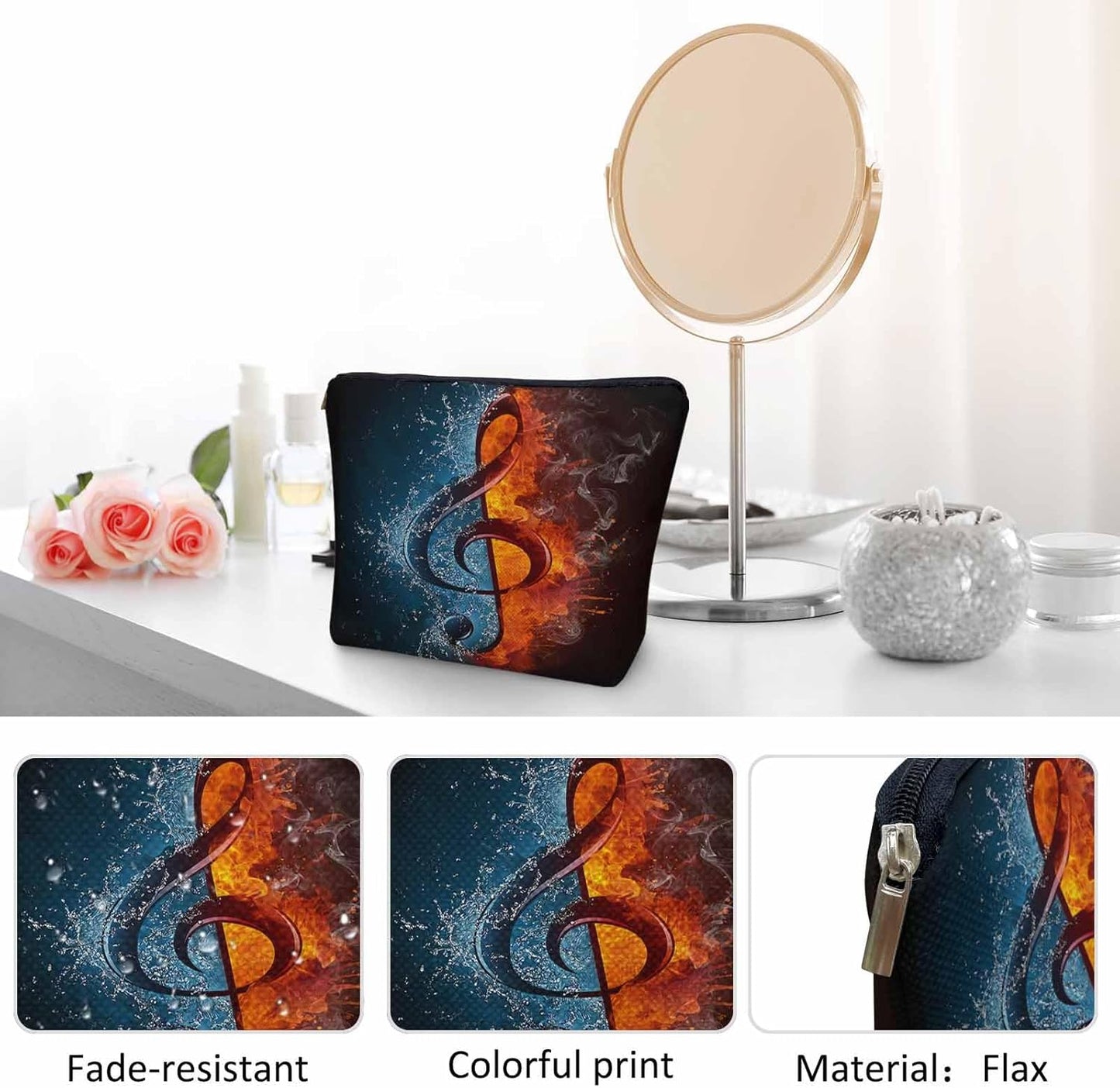 Treble Clef Cosmetic Travel Bag - Music Note Makeup Bag for Toiletry Items, Flax Material, Birthday Gift