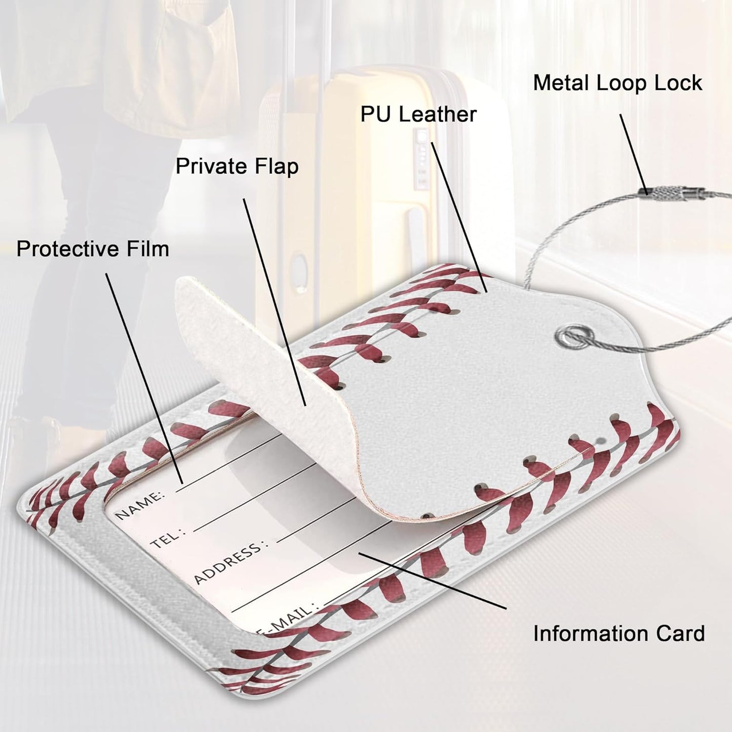 2 Pack PU Leahter Luggage Tag with Stainless Steel Loop, Baseball Luggage Tag Travel Suitcase Labels with Privacy Cover ID Label Quickly Spot for Bags & Baggage