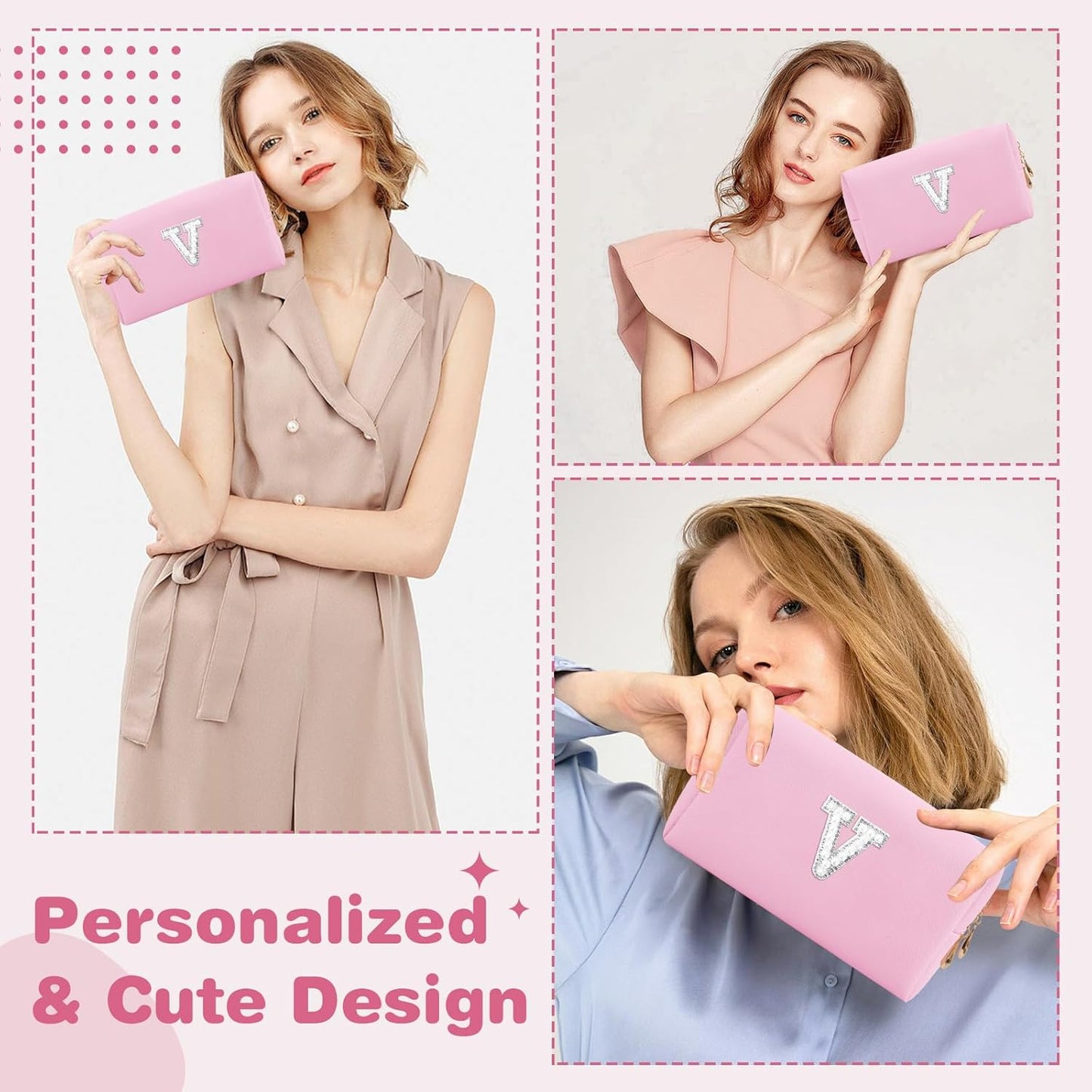 ChaoGreat Bride Gifts – Personalized Initial Makeup Bag with Pearl Rhinestone Patch, Preppy Pink
