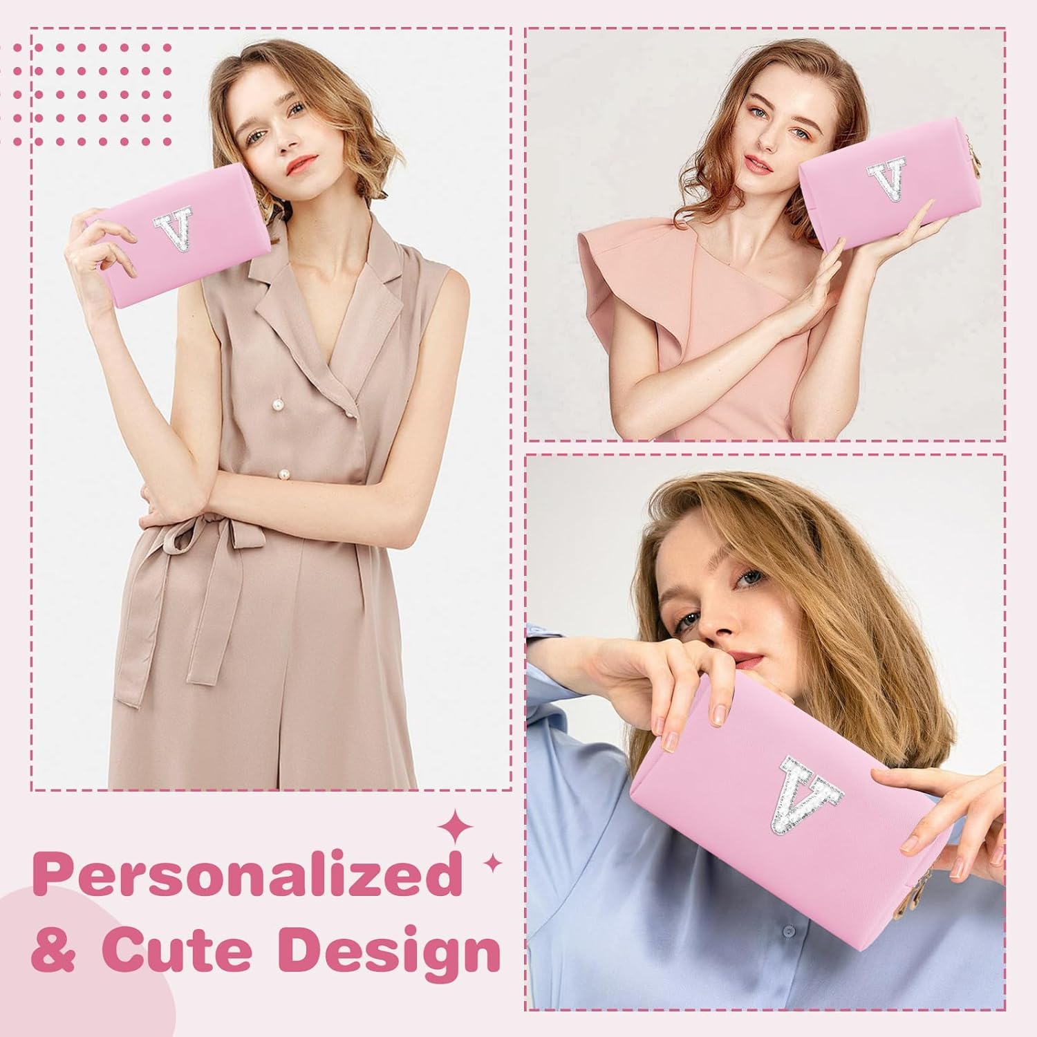 ChaoGreat Bride Gifts – Personalized Initial Makeup Bag with Pearl Rhinestone Patch, Preppy Pink