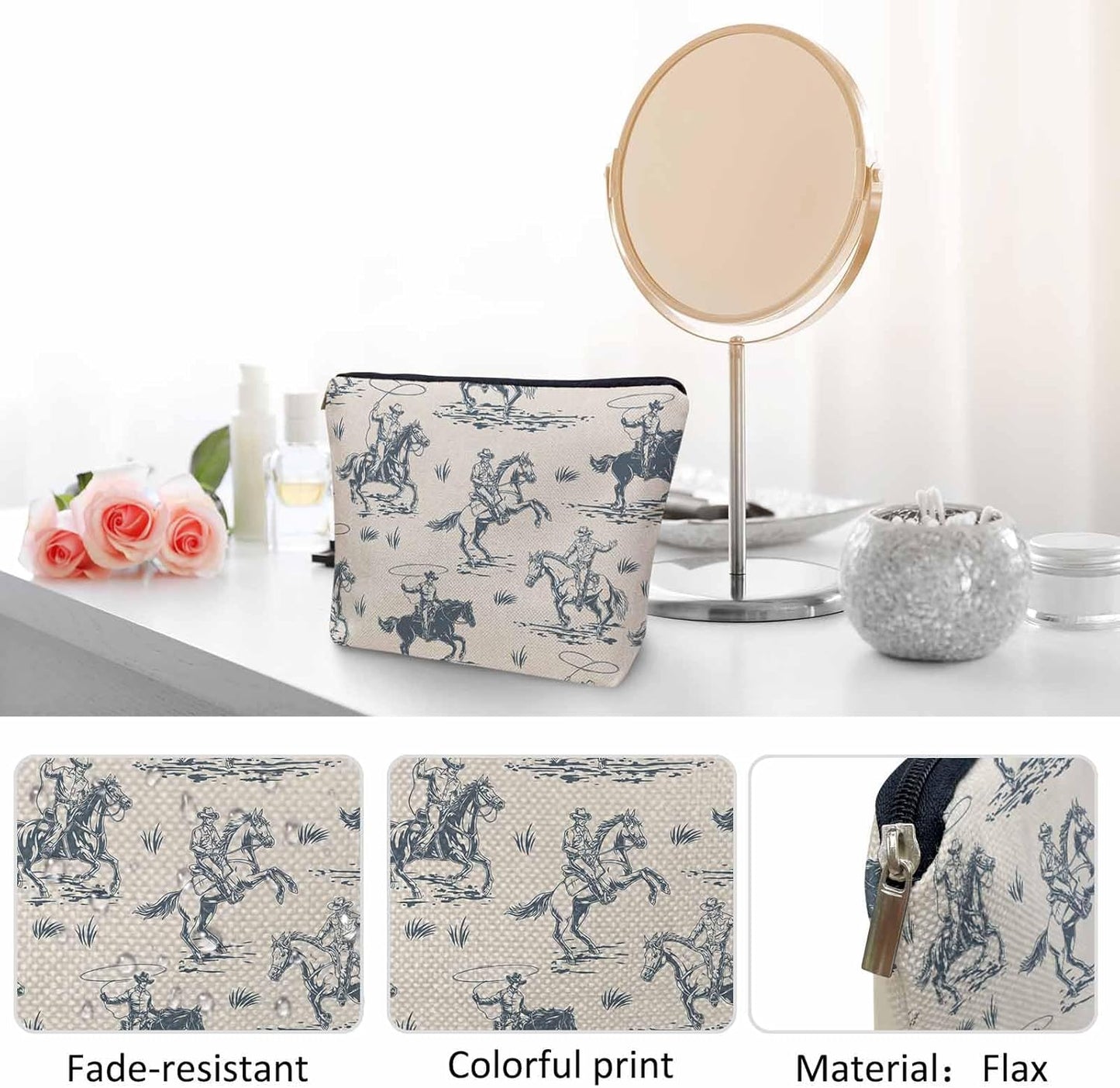Women Cosmetic Bag Cowboy, American Western Cowboy Horse Riders Cute Makeup Bag For Purse Cosmetic Travel Bag For Toiletries Makeup Storage Bag Flax Skincare Bag Make Up Pouch Bags