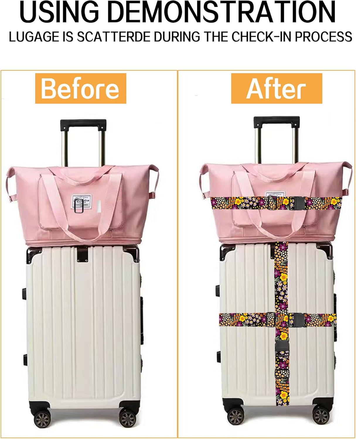 Luggage Straps for Suitcases, Adjustable Travel Belt, Durable Wide Luggage Strap, Cute Suitcase Strap Identifiers with Buckle, Bag Straps for Luggage, Cute Colorful Flowers