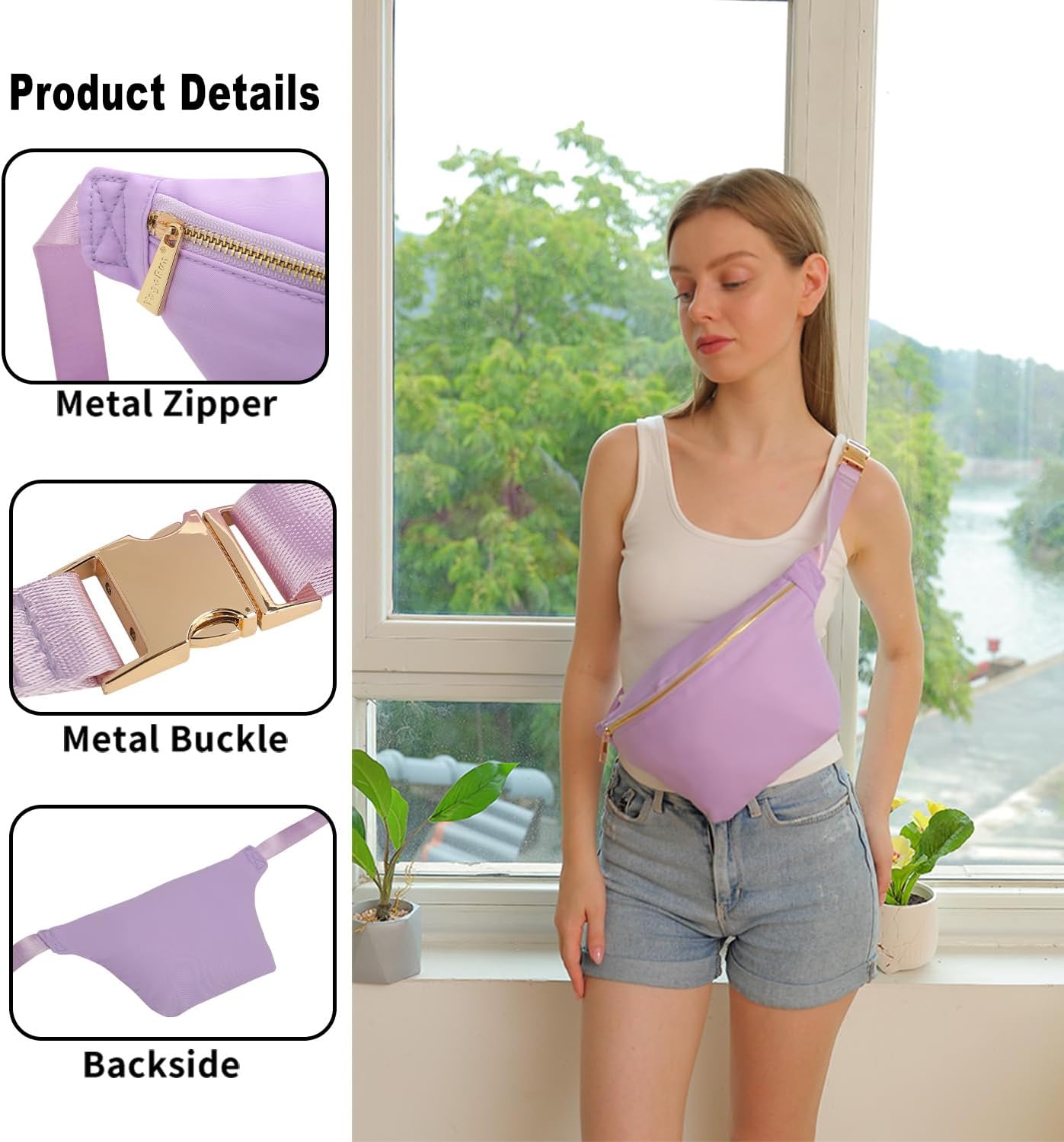Waist Belt Nylon Fanny Pack Crossbody Bag for Women Travel (Purple)