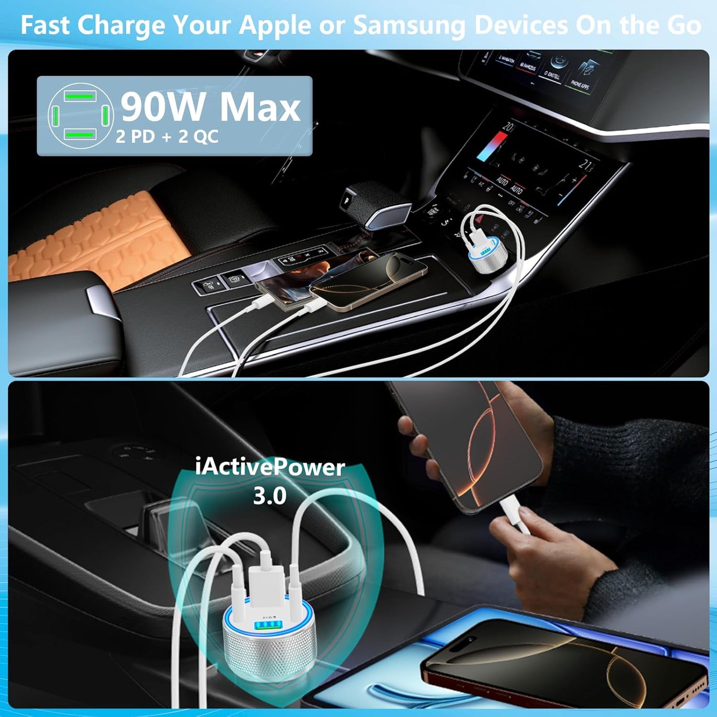 USB C Car Charger, KYOHAYA 2Pack 90W 4-Port Dual USB-C & USB-A Car Power Cigarette Lighter PD/QC3.0 Type C Car Carplay Charger Fast Charging for iPhone 17 17 Pro 16 15 14 13 12 11/Galaxy S25 S24/Pixel