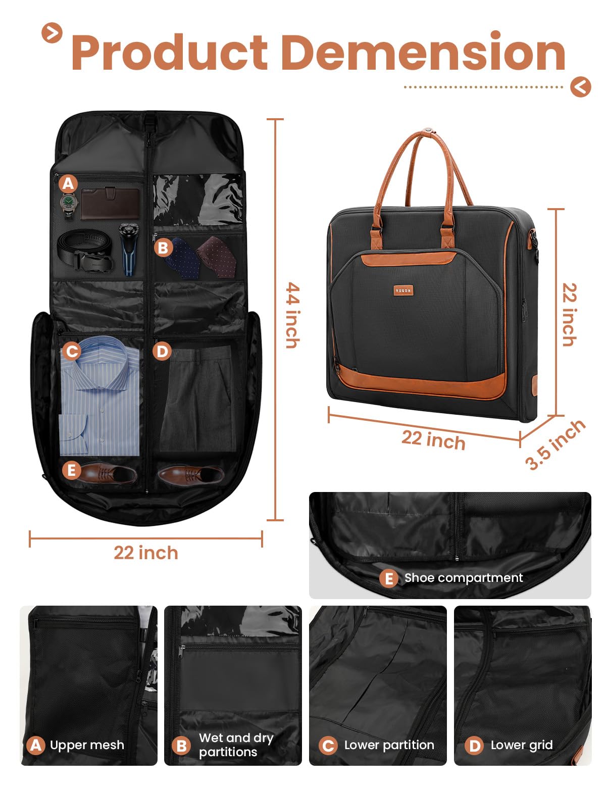 VUUDH Premium Garment Bag for Travel with Wet-Dry Compartment, Adjustable Shoulder Strap, and