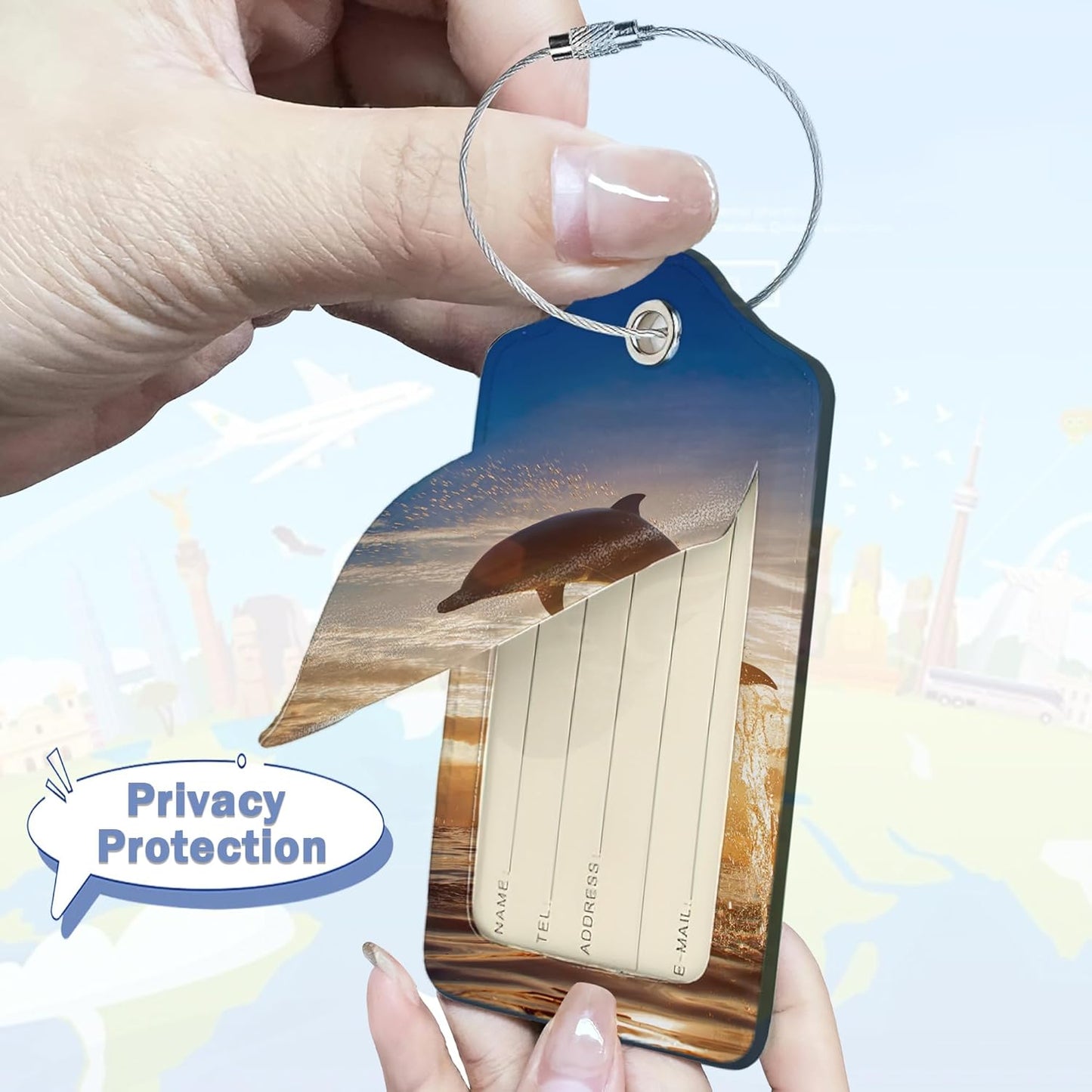 Sea Turtle Dolphin Starfish 3 Pack PU Leahter Luggage Tag,Marine Animal Leather Suitcase Tags with Privacy Cover Name Address Labels and Metal Ring,Quickly Spot for Bags