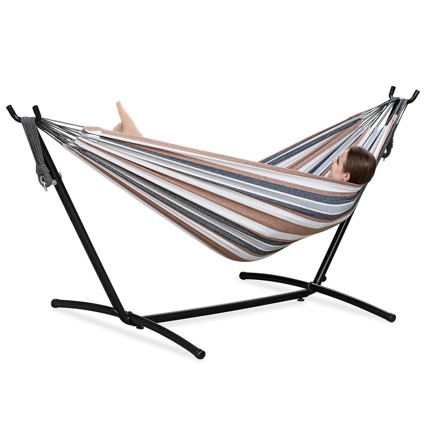 PNAEUT Double Hammock with Stand for Outside, Heavy-Duty, Portable (Coffee)