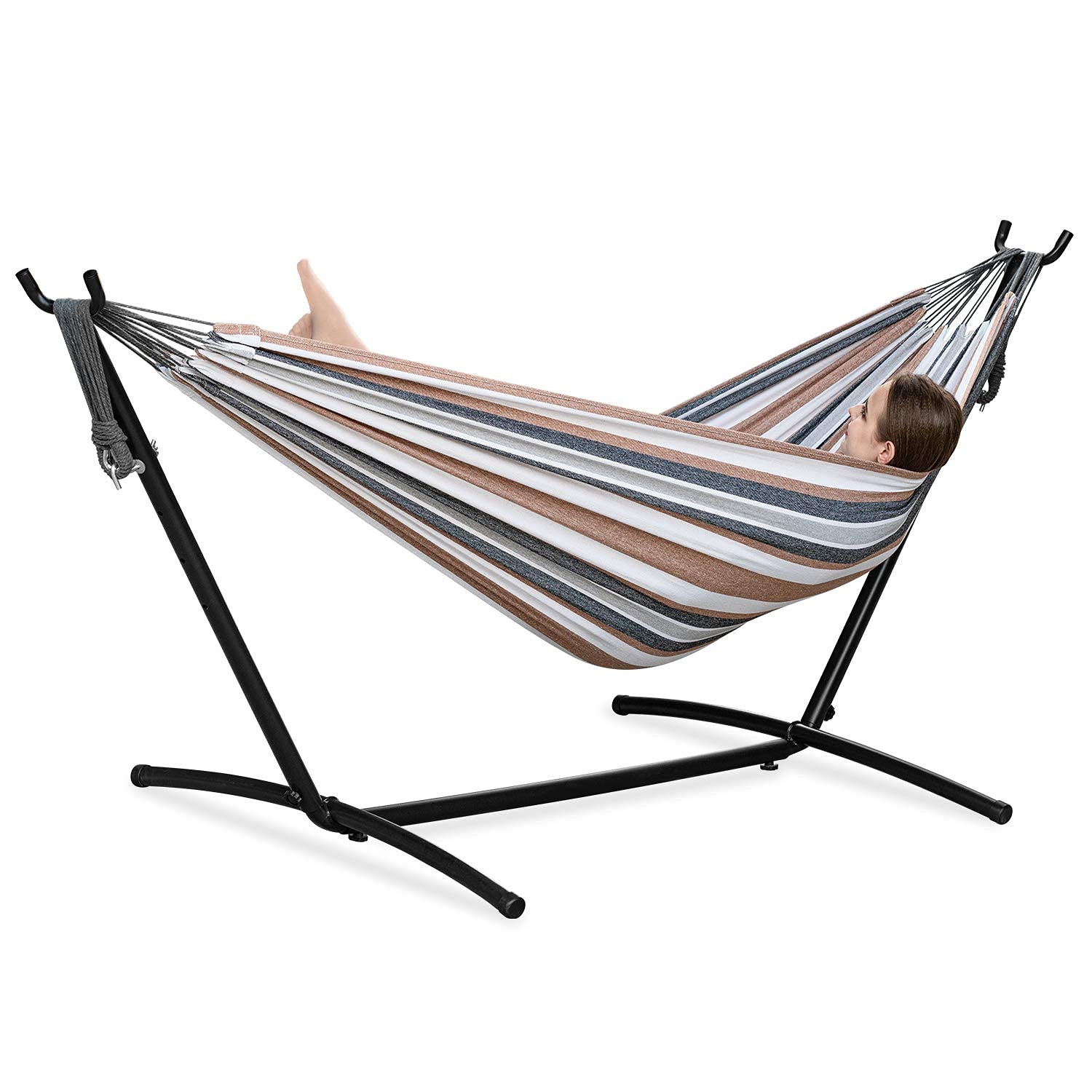PNAEUT Double Hammock with Stand for Outside, Heavy-Duty, Portable (Coffee)