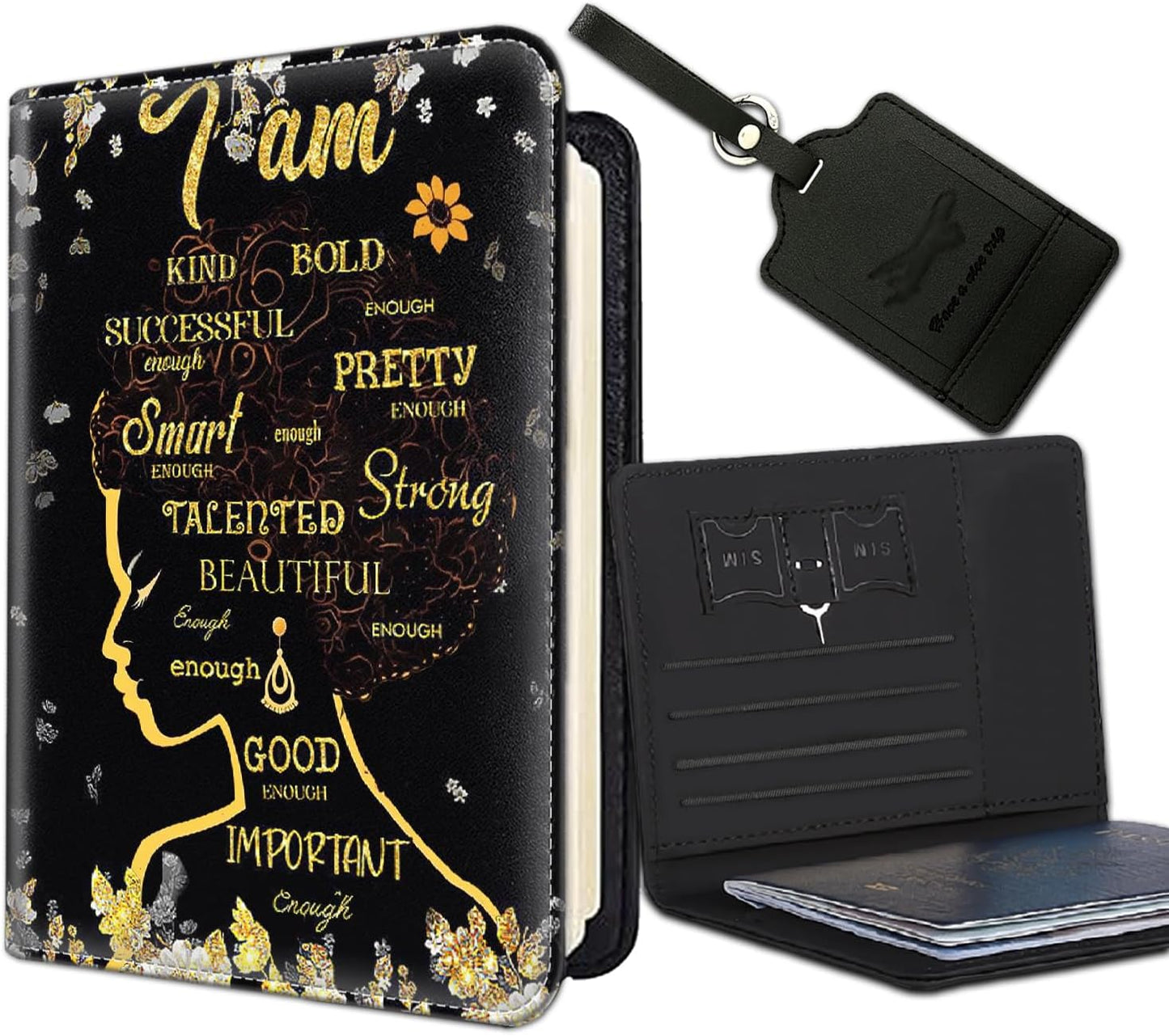 Passport Holder Women Wallet with Luggage Tag, Leather Passport Cover with RFID Blocking, Travel Accessories Multi Card Slot Passport Case for Men，African Girls Inspirational Quotes