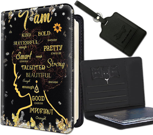 Passport Holder Women Wallet with Luggage Tag, Leather Passport Cover with RFID Blocking, Travel Accessories Multi Card Slot Passport Case for Men，African Girls Inspirational Quotes