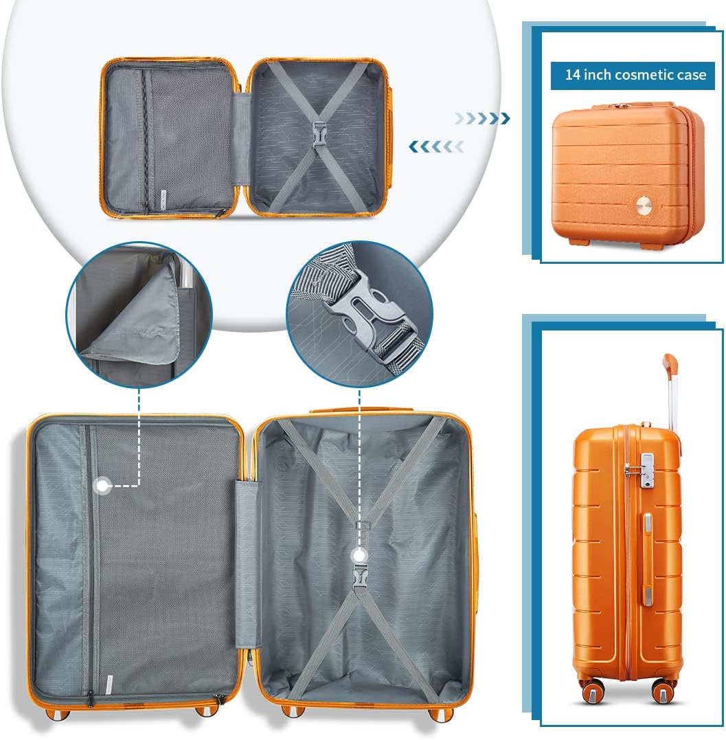 Somago Luggage Sets 3 Piece Hard Shell Polypropylene Suitcase with TSA Lock Spinner Carry On Luggage with Beauty Case Travel Set,Sunset Orange