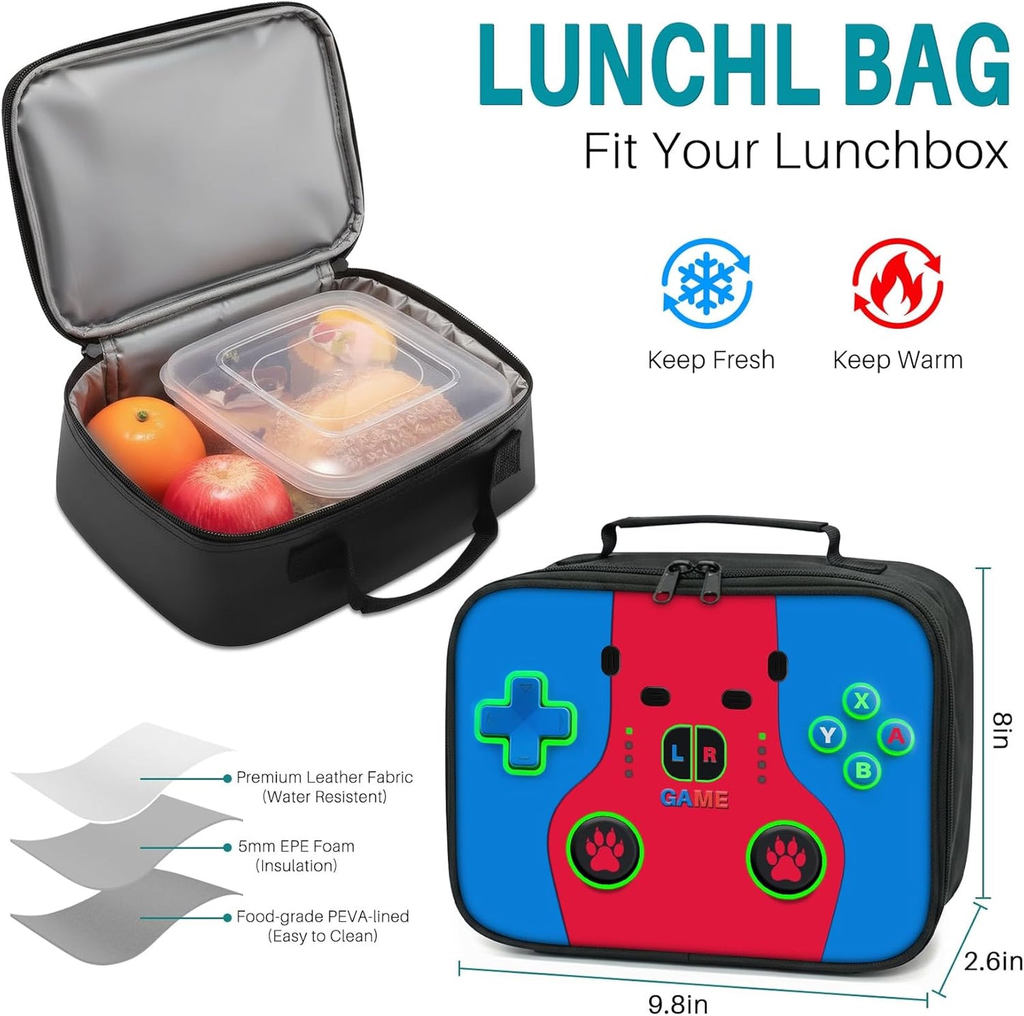 Gaming Backpack for Boys 3pcs Set - Video Game Themed School Bookbag with Lunch Box and Pencil Case for Kids Teens, Elementary Middle High School Students, 17 Inch Large Capacity
