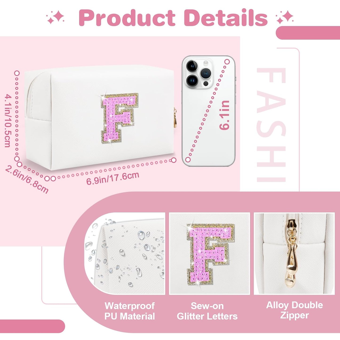 Small Initial Patch Makeup Bag Personalized Gifts Make Up Bag,White Cute PU Leather Glitter Letter Cosmetic Bag with Zipper,Trendy Portable Travel Toiletry Pouch,Preppy Stuff for Teen Girls Women F