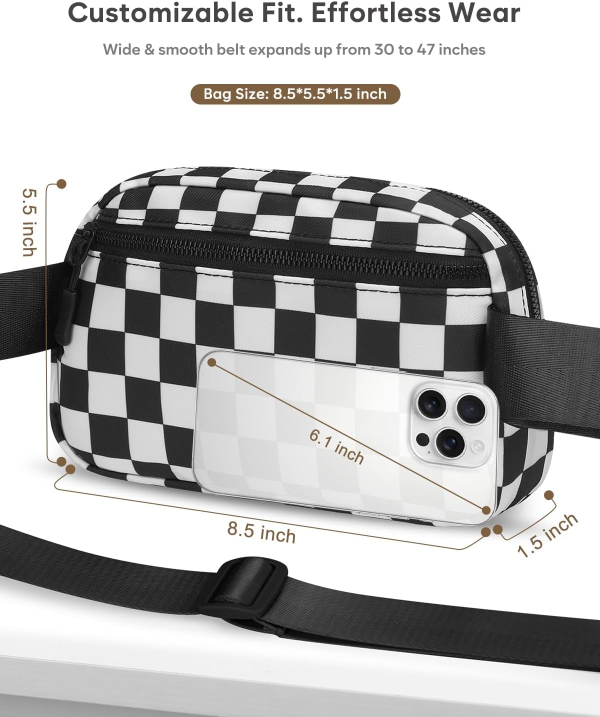 Fanny Packs for Women Cross Body Bag Waterproof Belt Bag with Adjustable Strap and Zipper Back Pocket Small Crossbody Bags Fashion Waist Packs for Workout Travelling(Checkered Black)