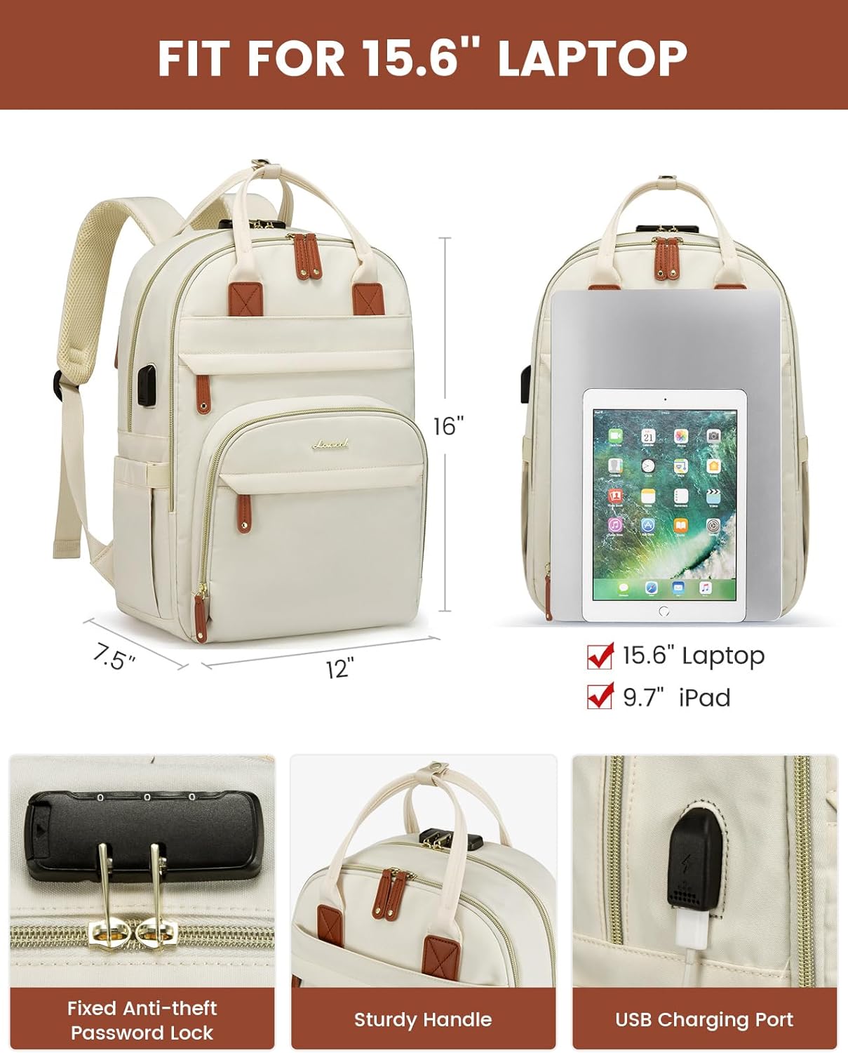 LOVEVOOK Laptop Backpack Purse for Women, Travel Anti-theft Work Bags with Lock, Business Computer Bag College backpack for Men, Casual Hiking Daypack, Fits 15.6 Inch Laptop, Beige