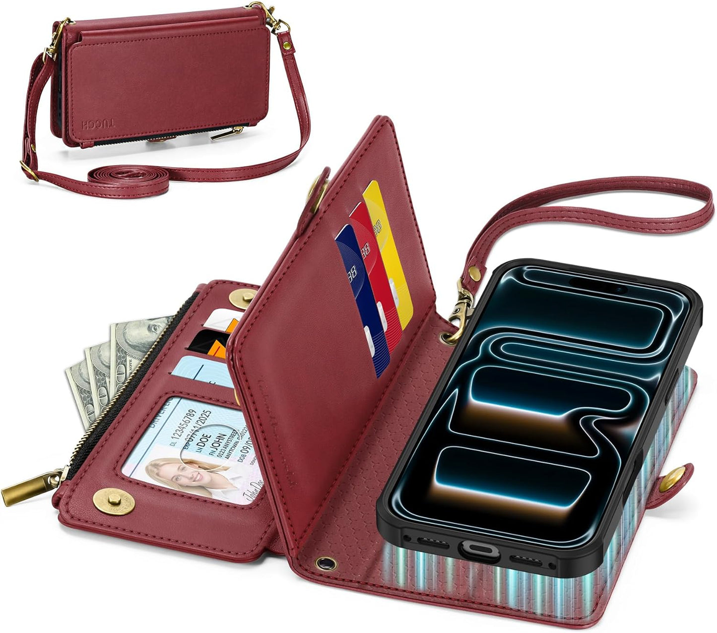 TUCCH Detachable Crossbody Case Wallet for iPhone 17 Pro 6.3", Wireless Charging | RFID Blocking 9 Card Holders | Lanyard | Wrist Strap | Stand | Zipper Pocket | PU Leather | Magnetic Cover | Dark Red
