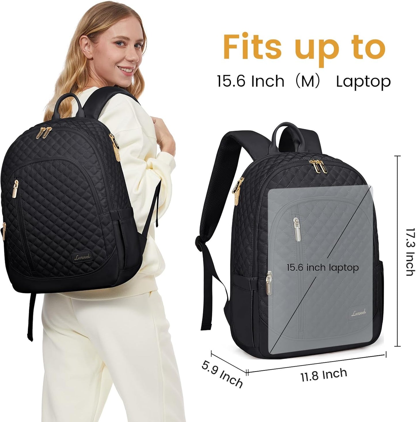 LOVEVOOK Laptop Backpack for Women, 15.6 Inch Anti Theft Computer Bag, Large Capacity Travel Backpacks, Work College Commute Backpack, Lightweight Quilted Bags Purse for Women Nurse Teacher, Black