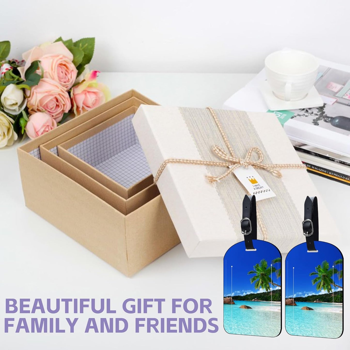 2 Pack Luggage Tags Island's Beach PU Leather Baggage Handbag Suitcase Tags with Secure Strap Privacy Cover ID Labels,Business Travel Baggage Tag Identifier