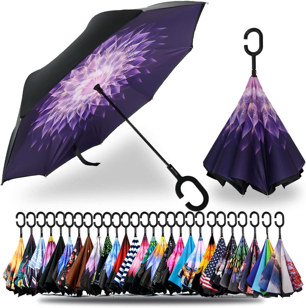 SIEPASA 49/56 Inch Inverted Reverse Upside Down Umbrella, Extra Large Double Canopy Vented Windproof Waterproof Stick Golf Umbrellas with C-shape Handle.