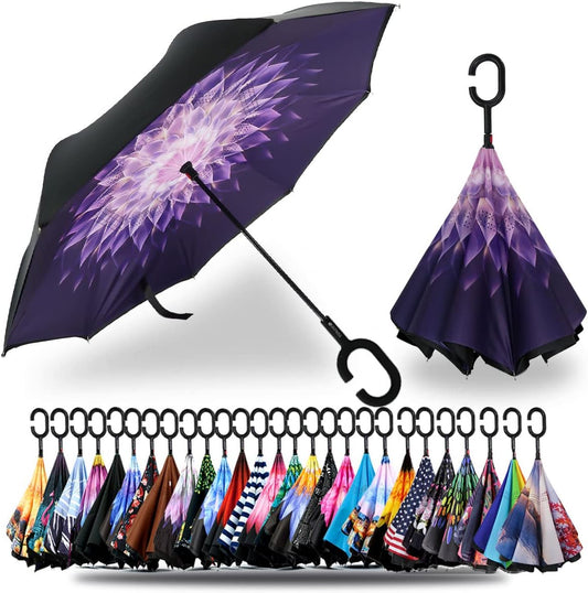 SIEPASA 49/56 Inch Inverted Reverse Upside Down Umbrella, Extra Large Double Canopy Vented Windproof Waterproof Stick Golf Umbrellas with C-shape Handle.