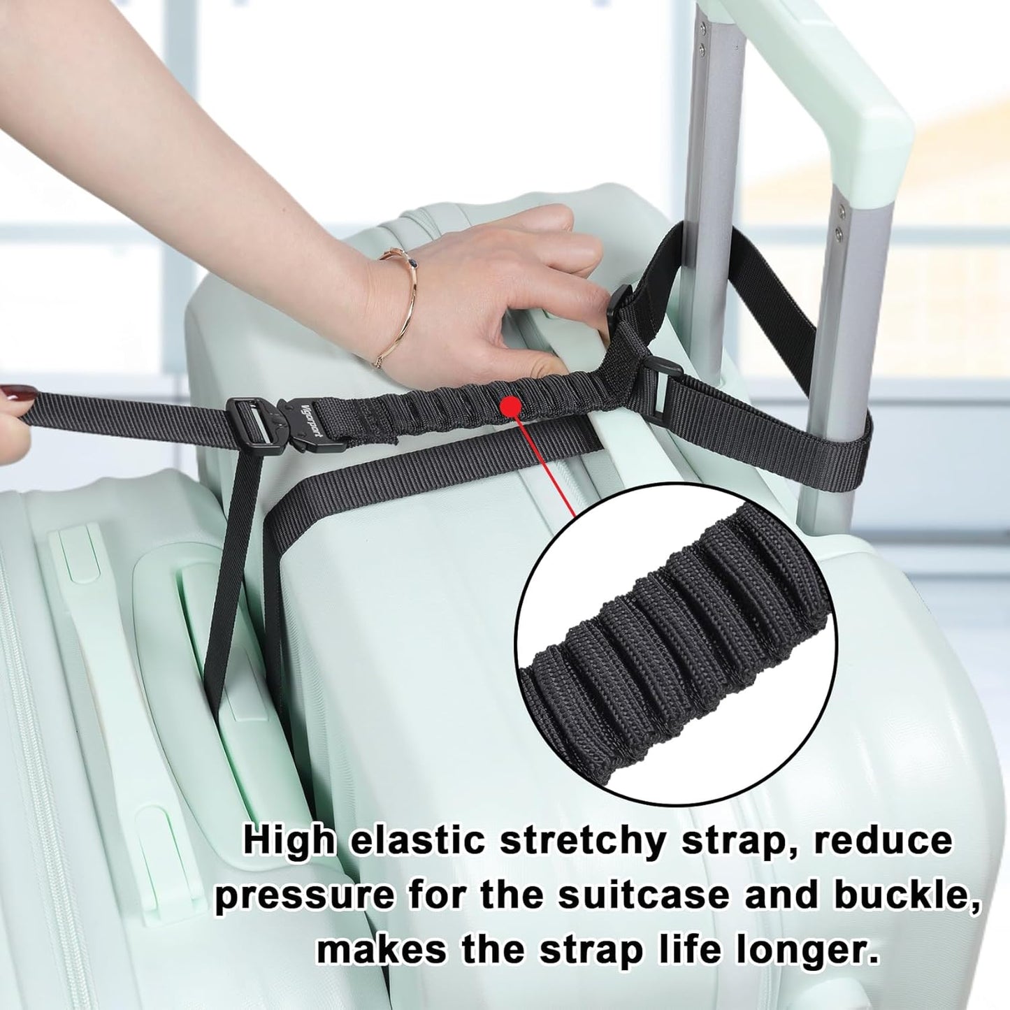 Vigorport Luggage Straps, Metal Luggage Connector Straps for Suitcases, Stretchable Add a Bag Adjustable Accessories Travel Belts (Black, Normal)