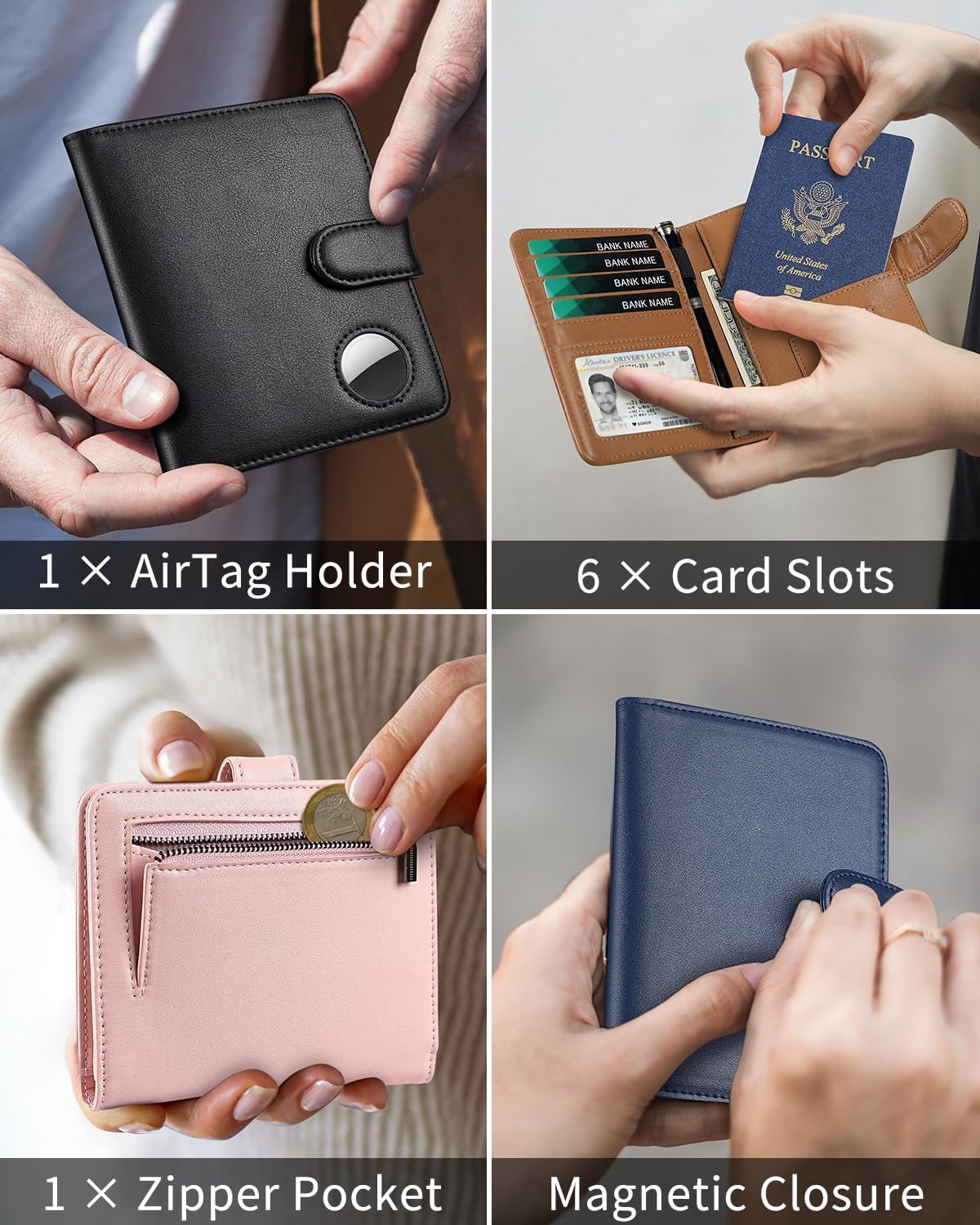 Passport Holder for Travel with AirTag Holder- Leather RFID Blocking Travel accessories with 5