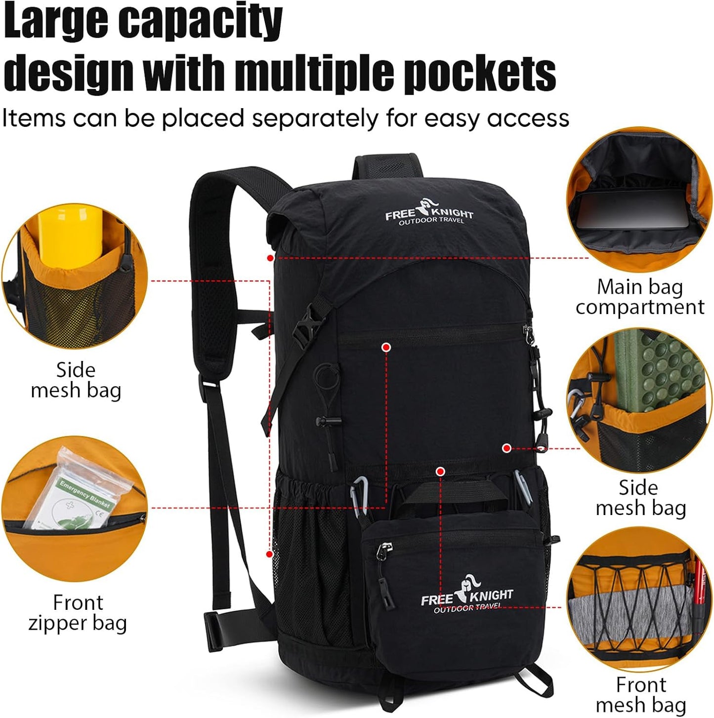 Bseash 30L Lightweight Hiking Backpack, Outdoor Sport Waterproof Travel Bag Daypack for Cycling Climbing Skiing (Black)