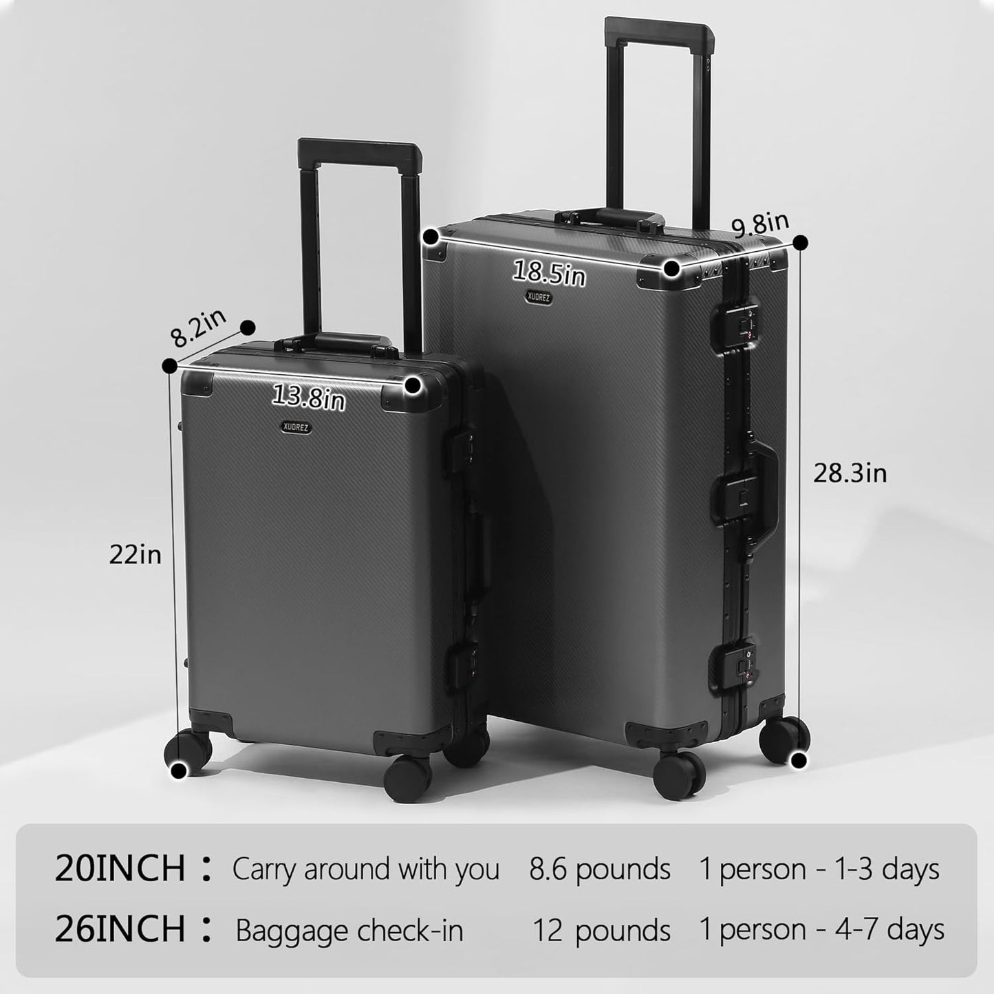 YYW Aluminum Carry-On Luggage Airline Approved Lightweight Suitcase with TSA Lock and Silent Wheels, Hardshell Spinner Business Travel (gray, 20in)