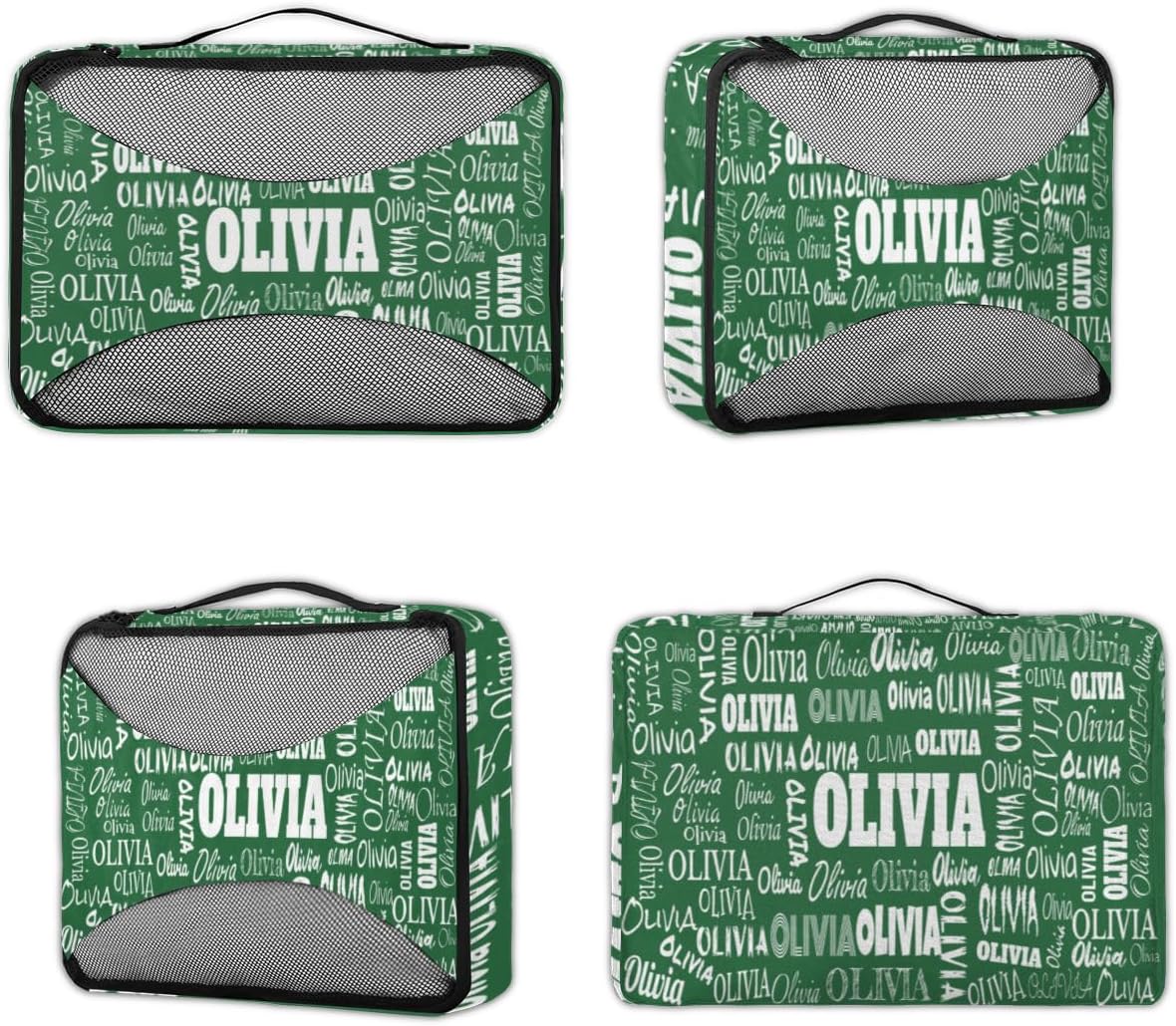 Personalized Compression Packing Cubes with Name, 4 Set Mesh Travel Organizer Bags for Carry on Women Men Boys, Luggage, Suitcase, Forest Green Solid Color