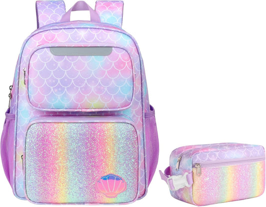 Kids Backpack with Insulated Snack Bag - 15 Inch Backpack for Girls 3 to 8, Lightweight Bookbag for Preschool Kindergarten Elementary School, Safe Reflective Stripe, Purple Mermaid
