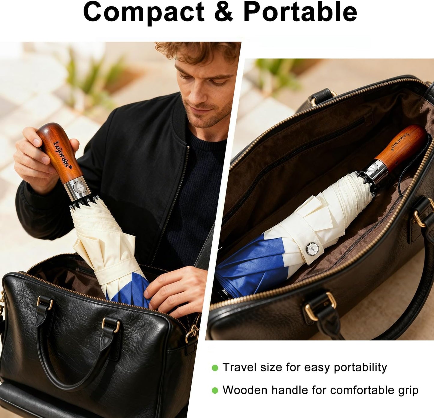 Lejorain Compact Golf Umbrella Large - 54inch Travel Big Portable Automatic Folding Umbrella Windproof for Men Heavy Duty 210T Dupont Teflon Coated Umbrella for Rain